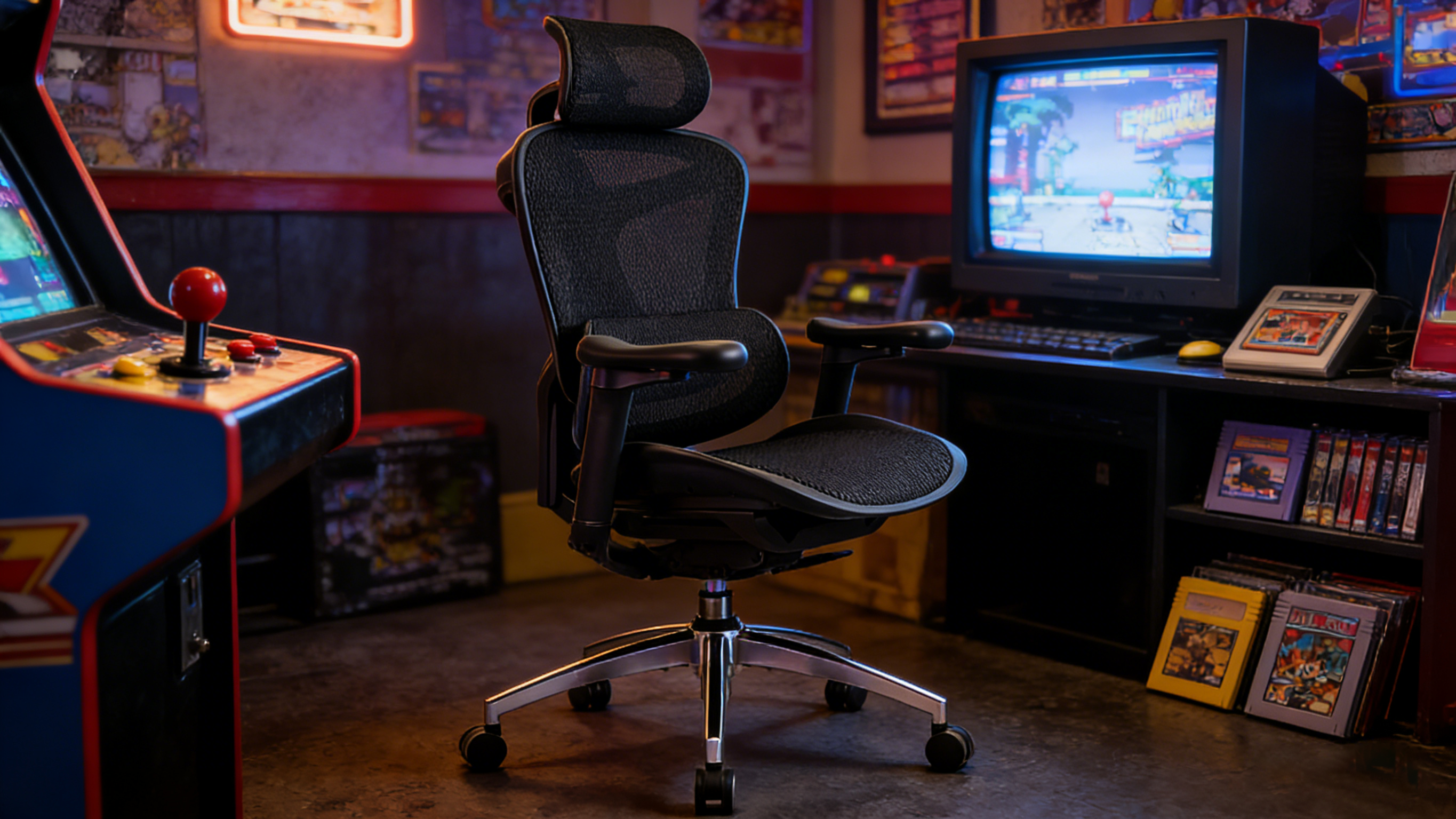 Rotating chair desk ergonomics showing the reinforced steel 360-degree swivel base.