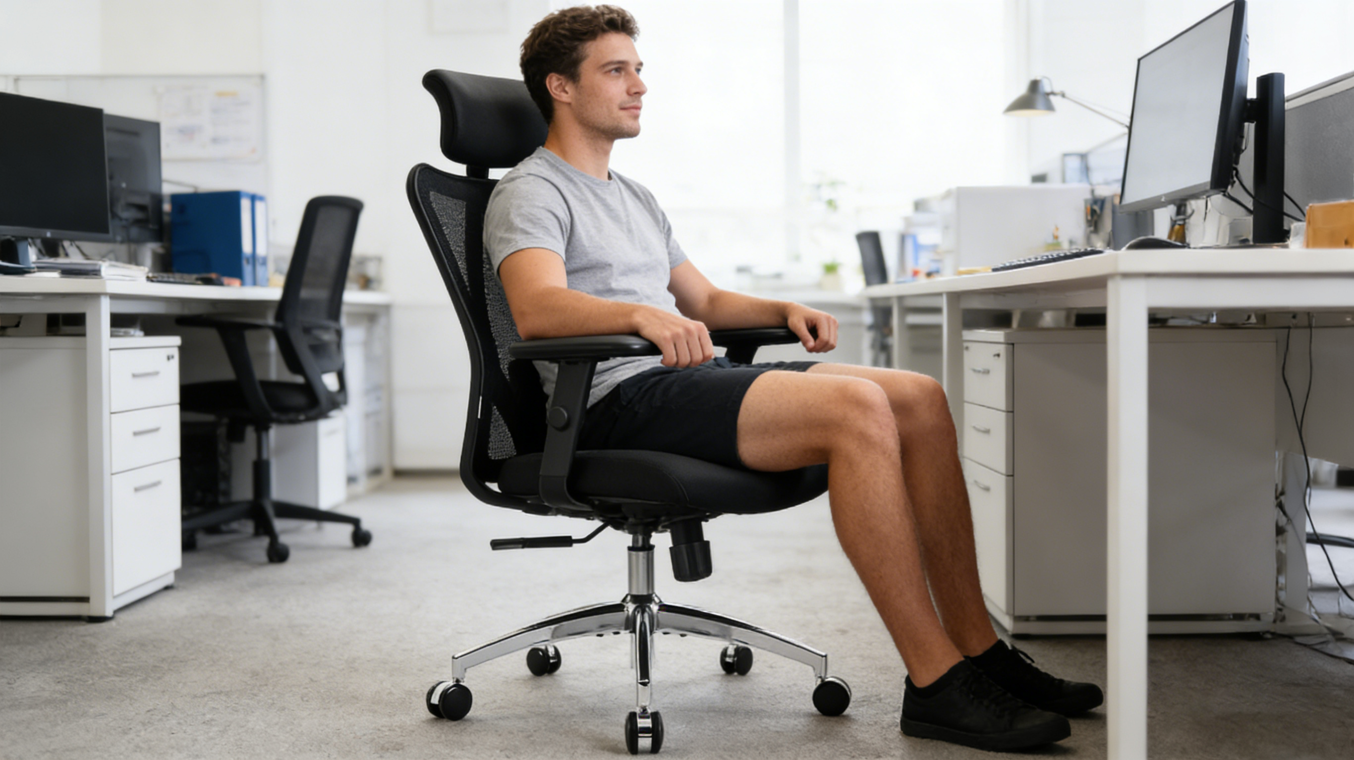 Pressure-free knee support on a high-back ergo chair
