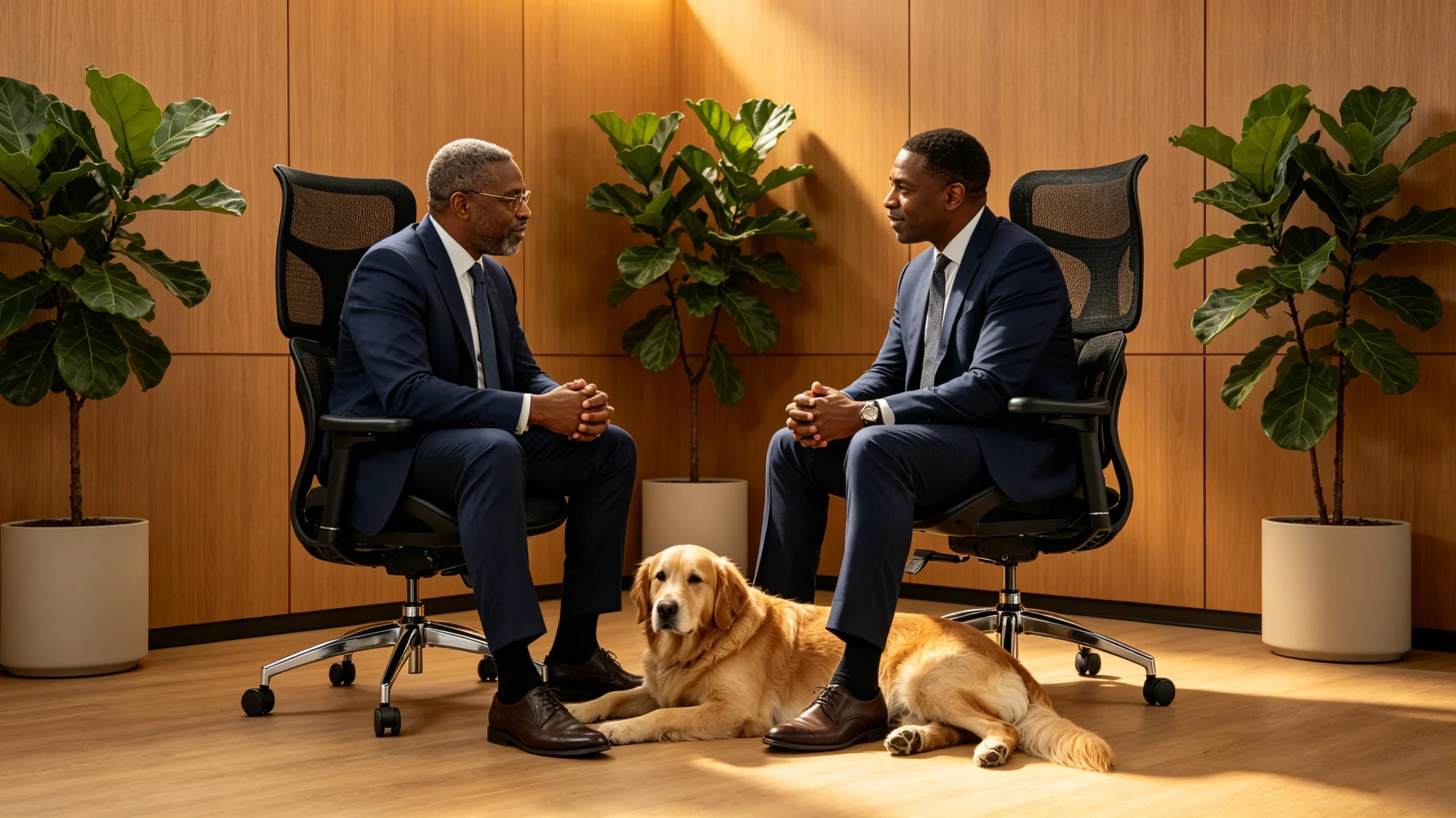 Full body view of Dr. Vance standing next to a high-end minimalist ergonomic office chair in a futuristic Esports facility.