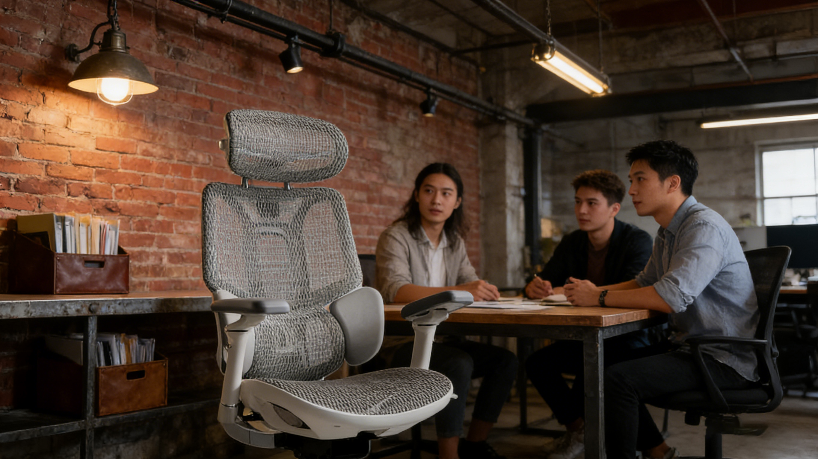 Executive chair office ergonomic style with an integrated adjustable neck support headrest.
