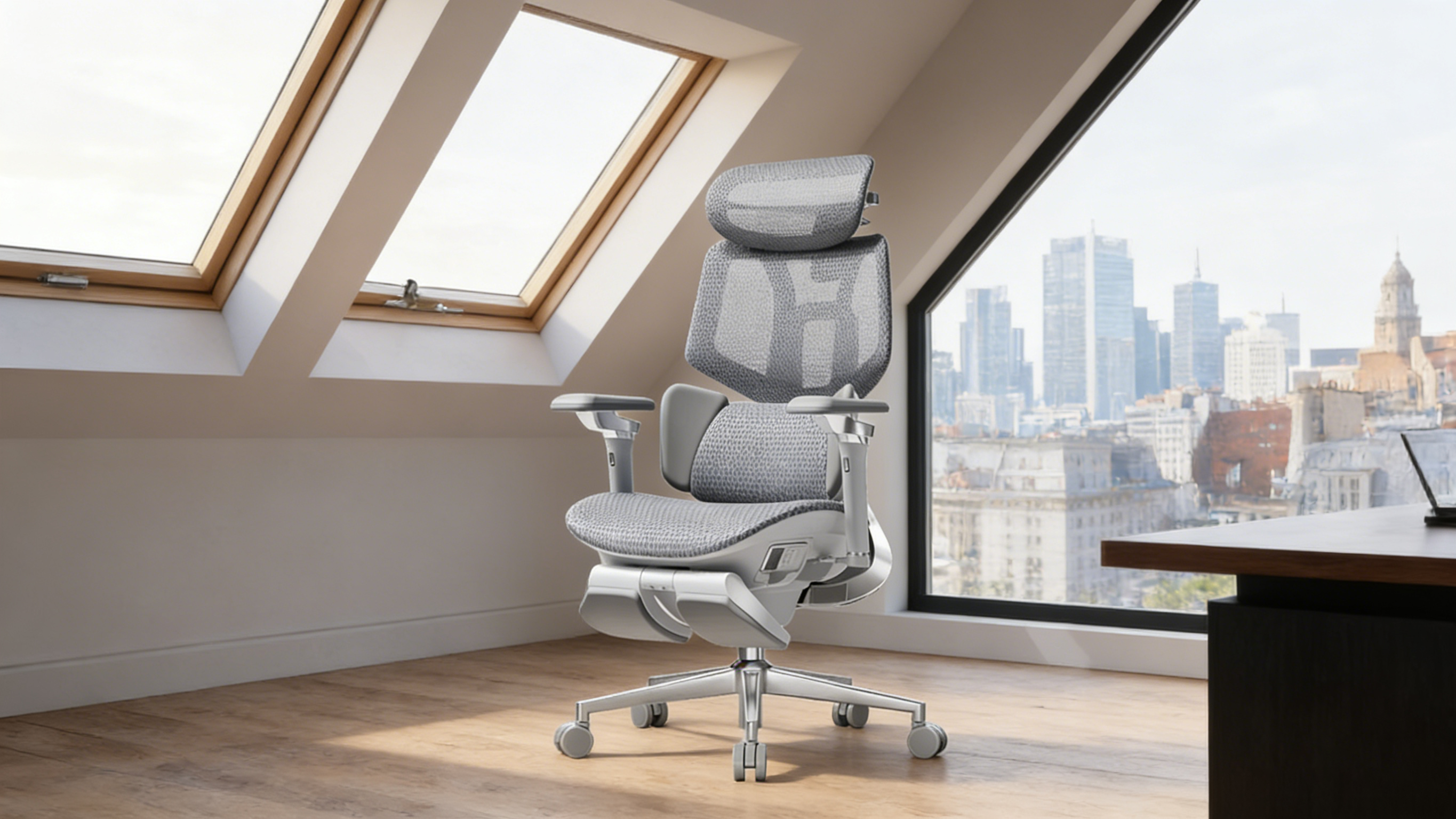 Desk chair ergonomic design featuring a waterfall seat edge to reduce leg pressure.