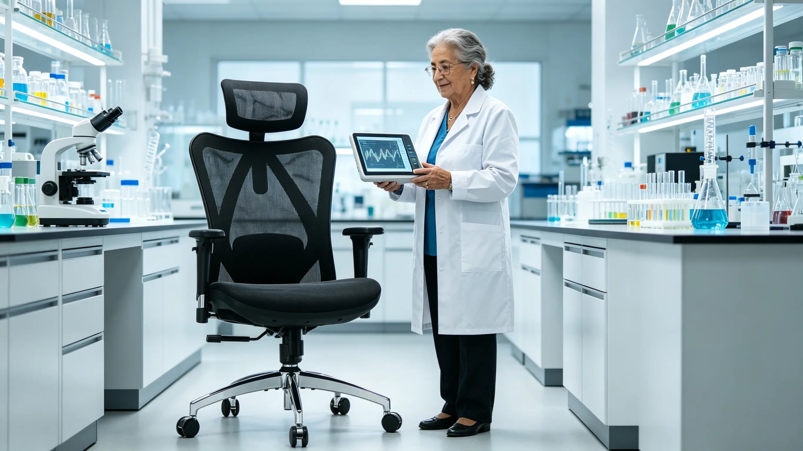 La doctora Beatriz, escritora e investigadora de 74 años, revisando secuencias de ADN digitales en su silla ergonómica de oficina Ergo Select en Barcelona.