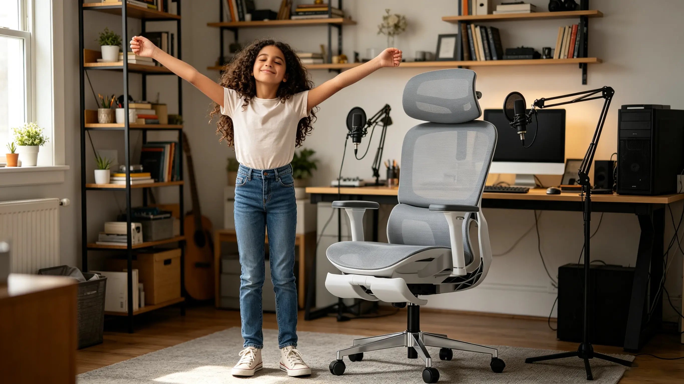 Lucía, una joven podcaster de 13 años, editando pistas de audio digital sentada en su silla ergonómica Ergo Select en su estudio de Barcelona.