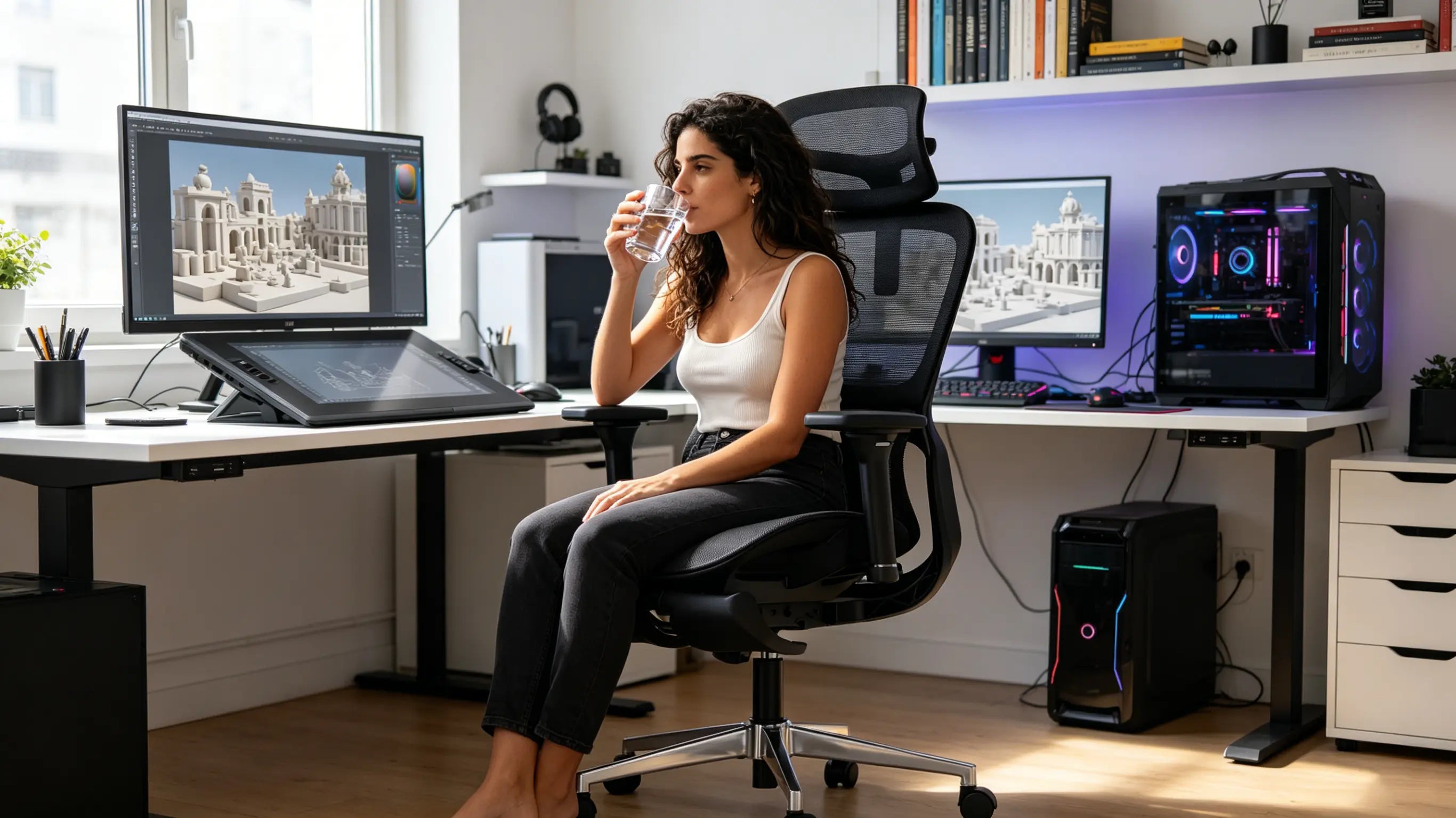 Doña Valeria, diseñadora de videojuegos de 34 años, esculpiendo entornos en 3D sobre su tableta gráfica en su silla ergonómica escritorio Ergo Select en Barcelona.