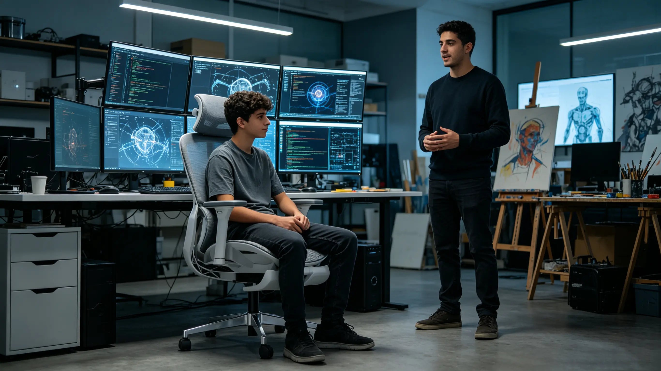 Mateo, un programador independiente de 17 años, depurando algoritmos de inteligencia artificial en su silla ergonómica de oficina Ergo Select en Barcelona.