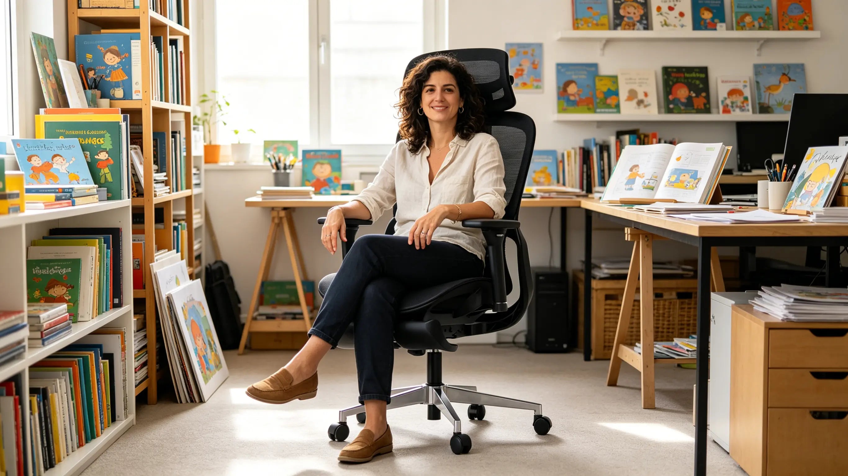Doña Elena, editora independiente de 37 años, corrigiendo pruebas de imprenta de gran formato en su silla ergonómica escritorio Ergo Select en Madrid.
