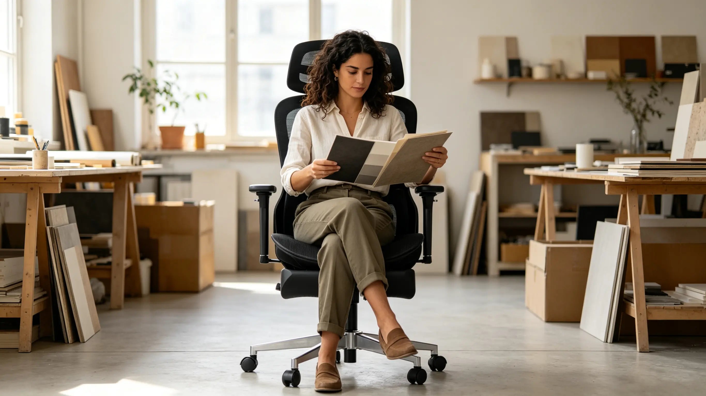 Doña Jimena, diseñadora de interiores de 29 años, analizando muestras de materiales sobre su escritorio sentada en su silla ergonómica para oficina en Madrid.