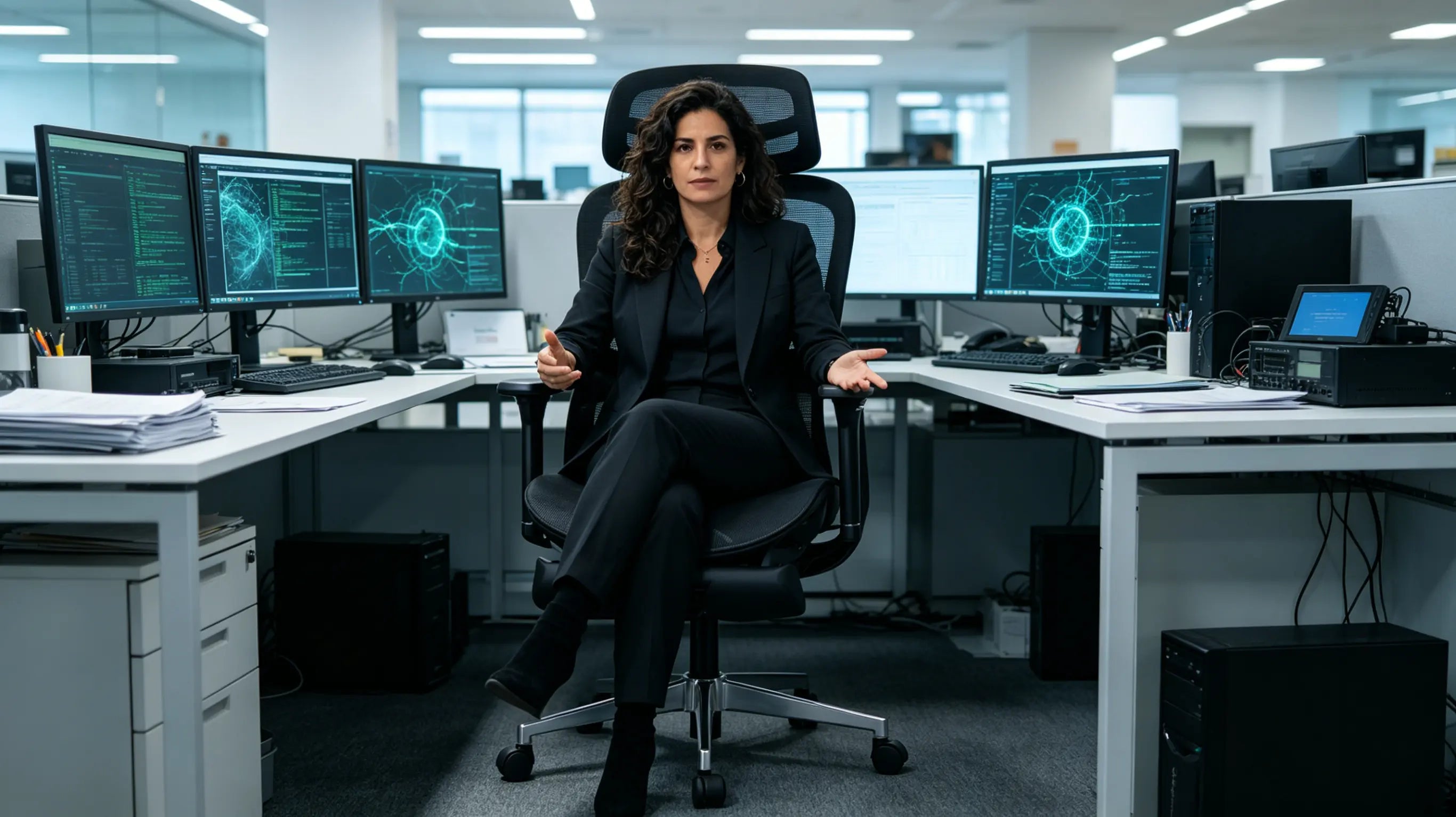 Doña Claudia, experta en ciberseguridad de 41 años, analizando flujos de datos encriptados sentada en su silla ergonómica de oficina Ergo Select en Madrid.