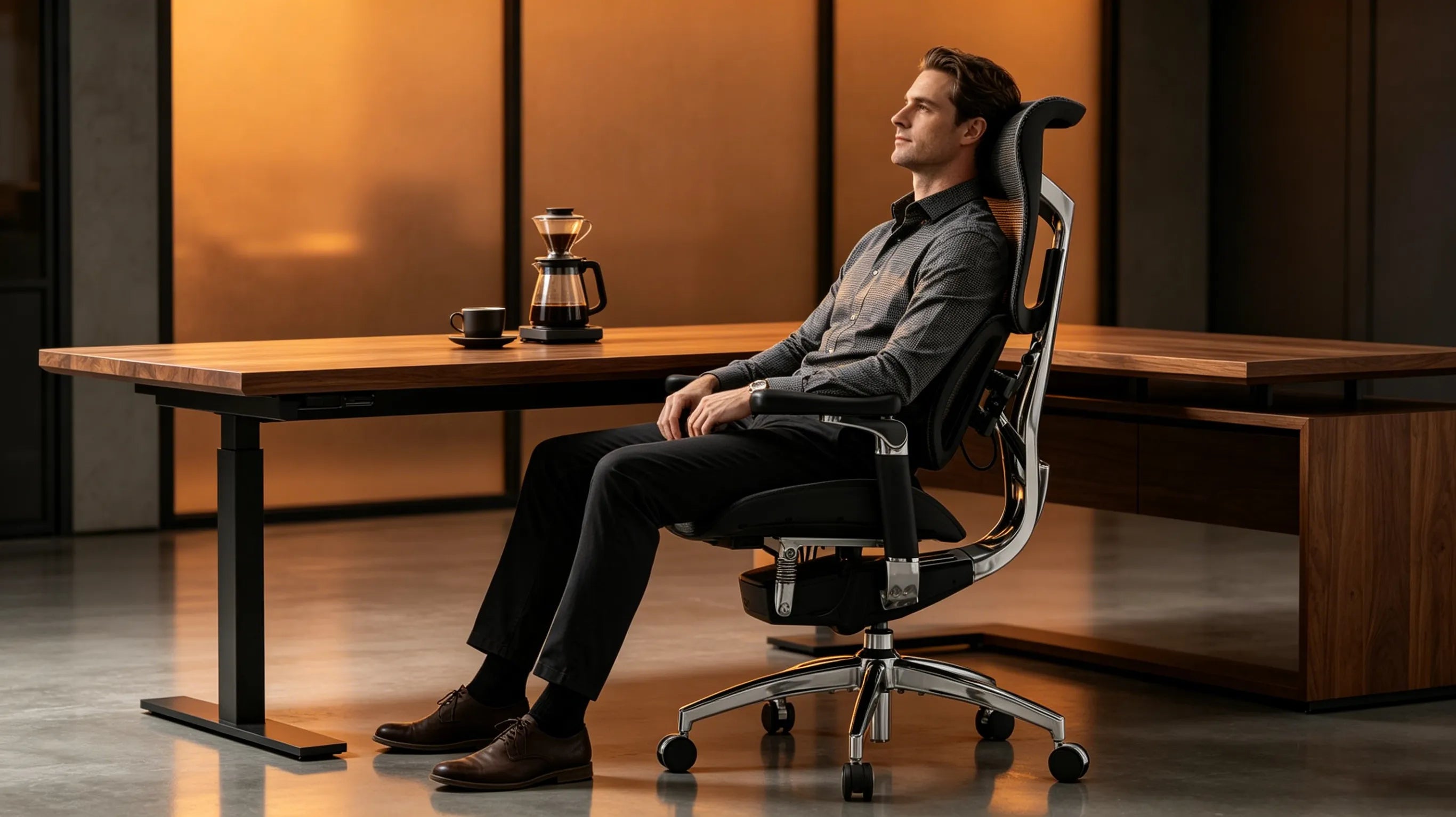 A senior Caucasian engineering lead pointing at a screen while sitting comfortably on a premium ergonomic office chair.