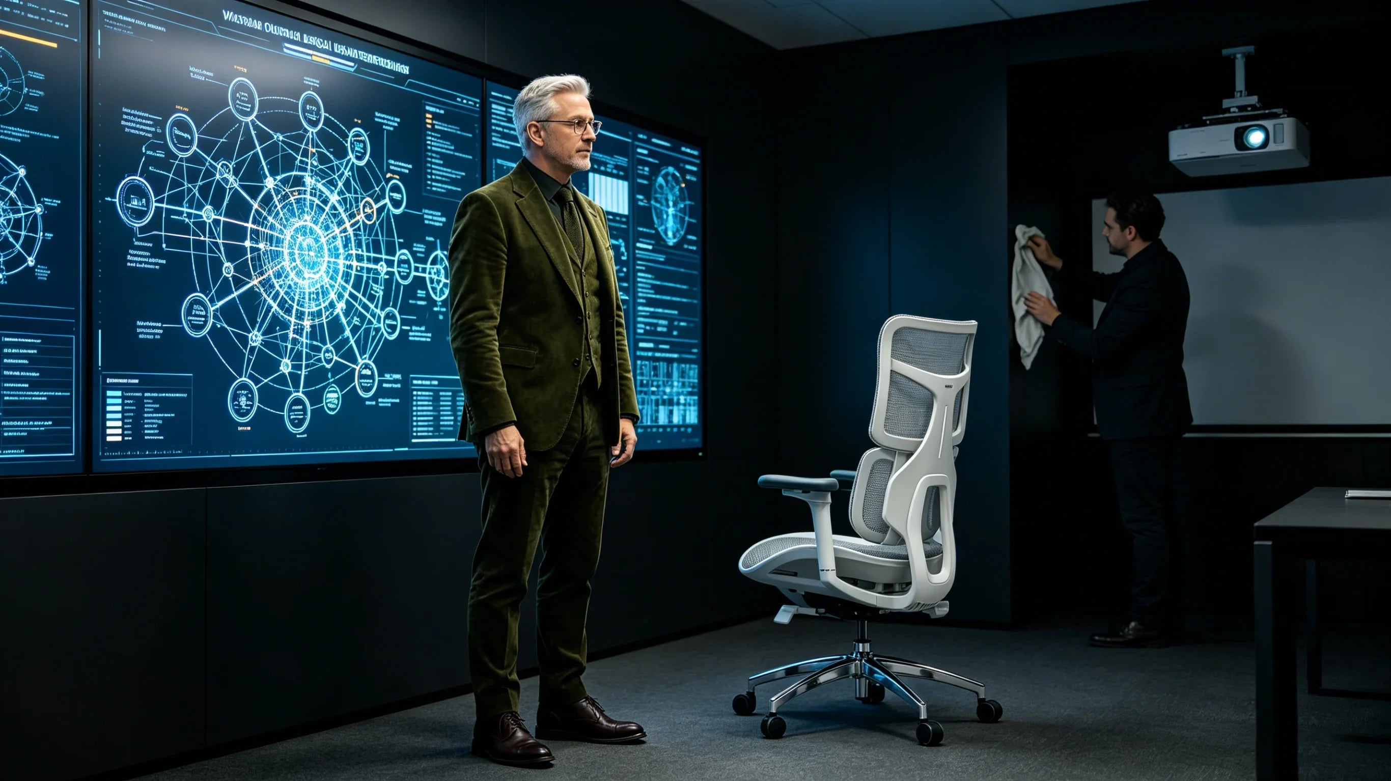 Full body view of Marcus standing in a premium law office next to the [adjustable office chairs], presenting his complete olive-green velvet suit.
