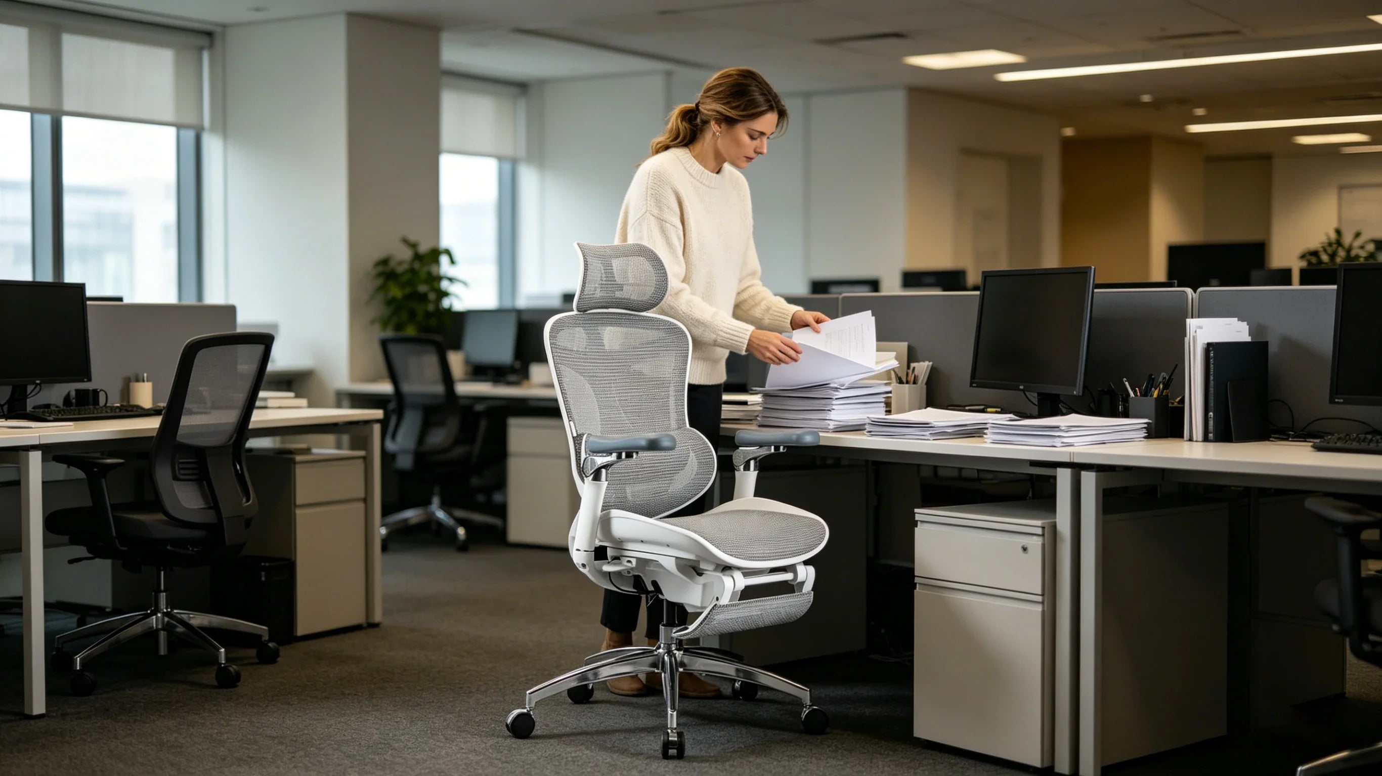 Full view of a 34-year-old female analyst in a beige sweater sitting in the [office mesh chair] in her modern home office.