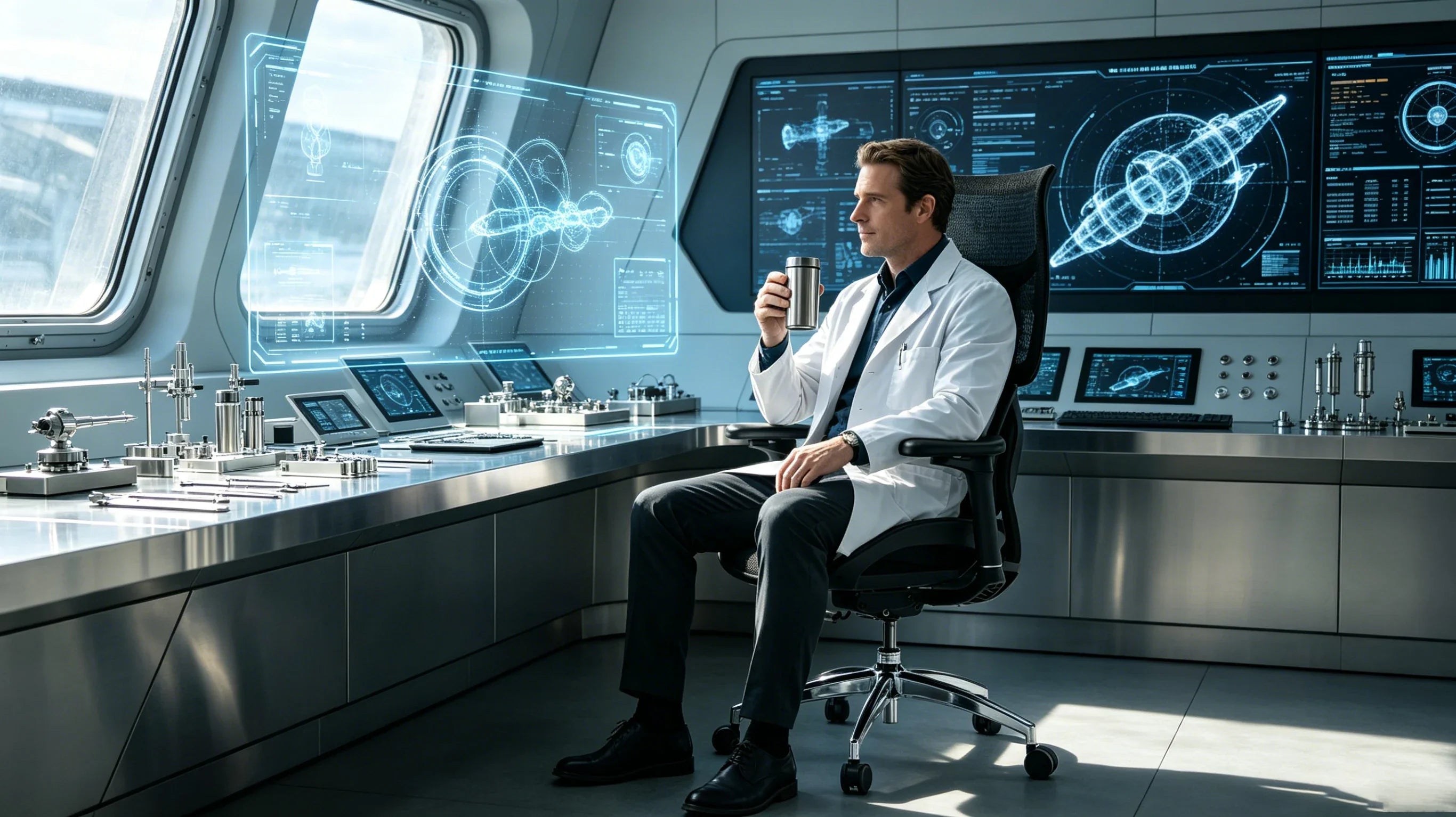 Full body shot of Dr. Christian Sterling sitting deeply in the [office chair back support] inside a state forensic laboratory, total figure visible.