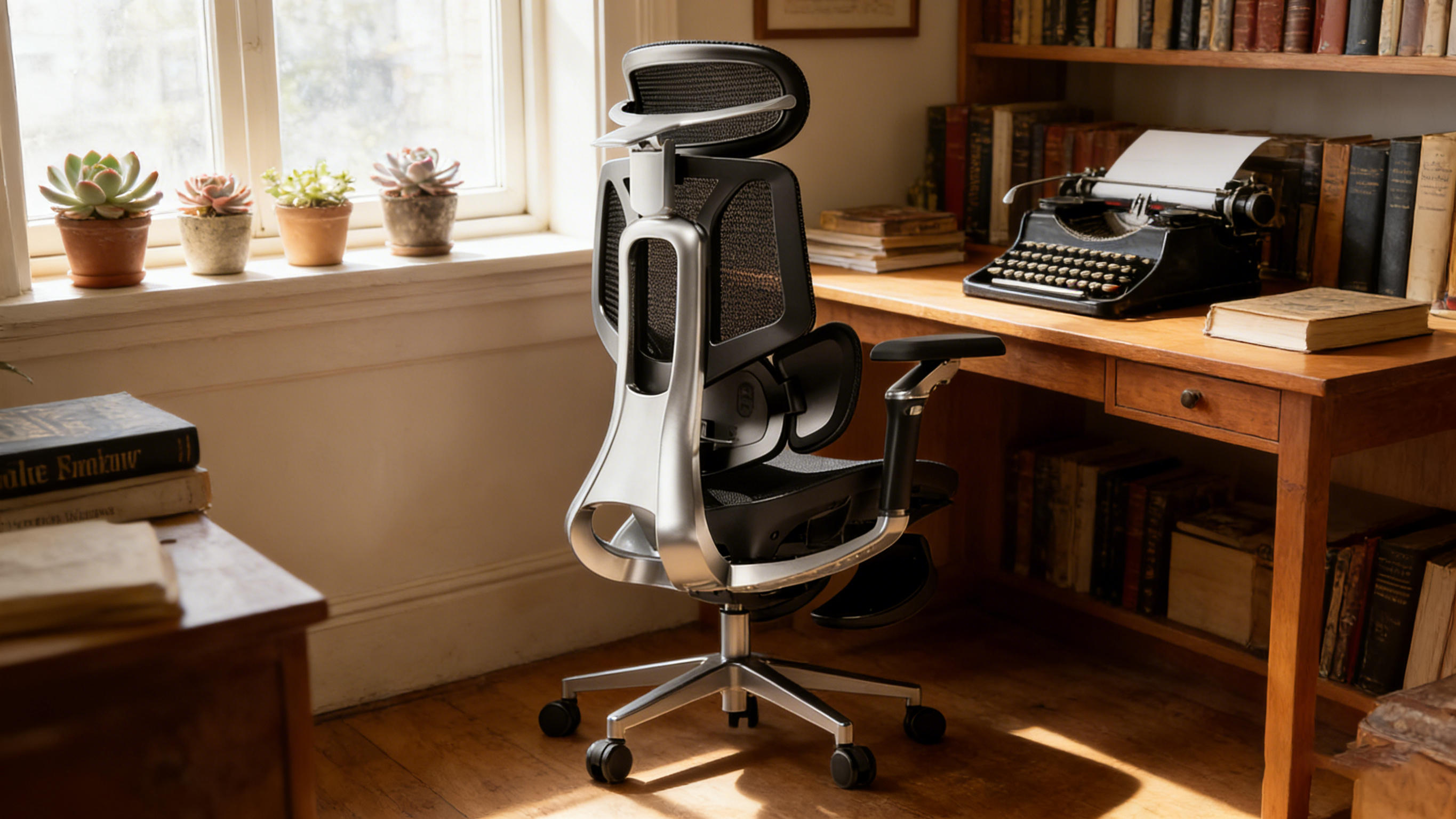 Detailed view of the Class-4 gas lift on an ergonomicoffice chair for safety.