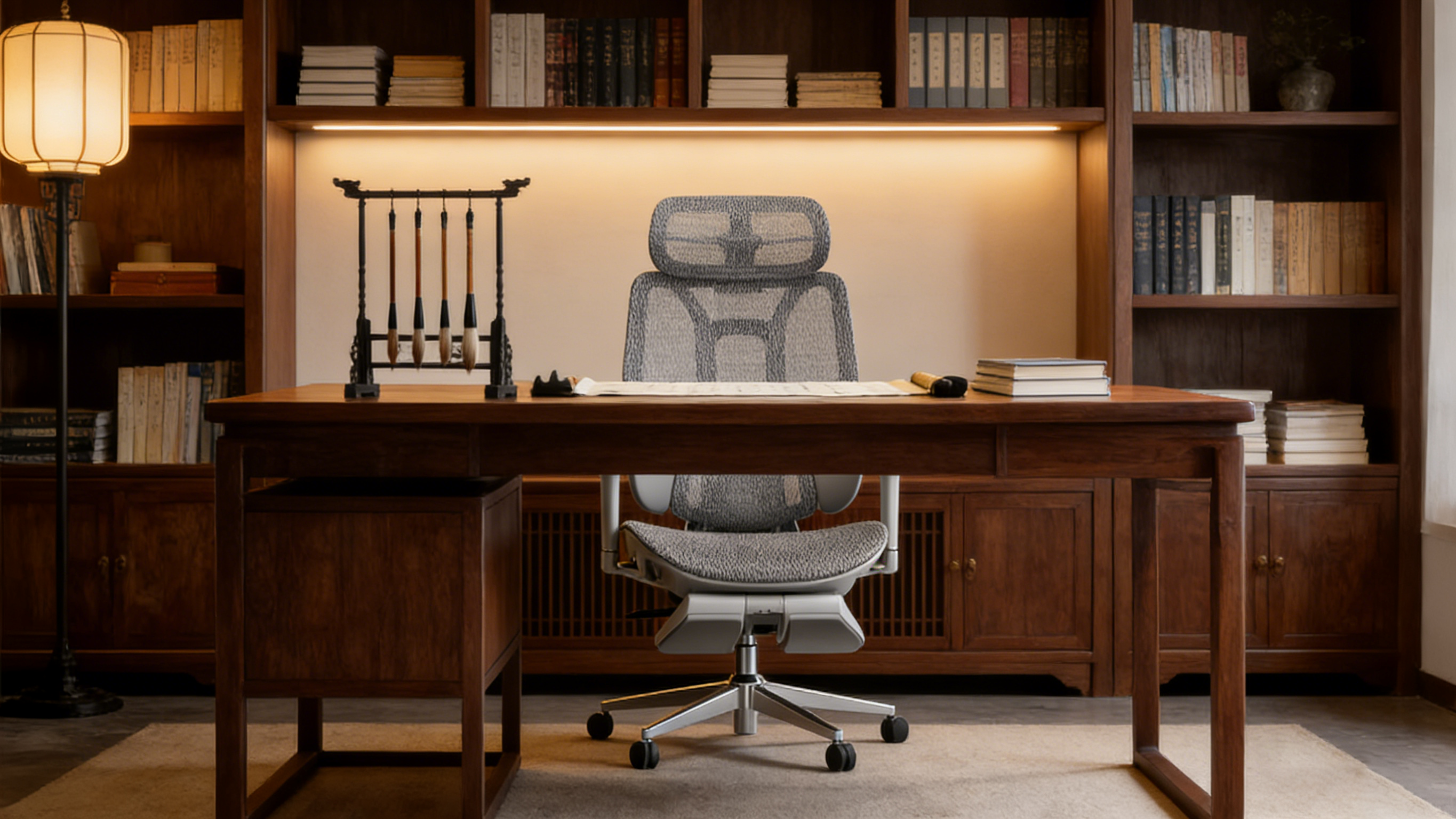 Ergonomic gaming chair with a racing-style bucket seat and extra neck padding.