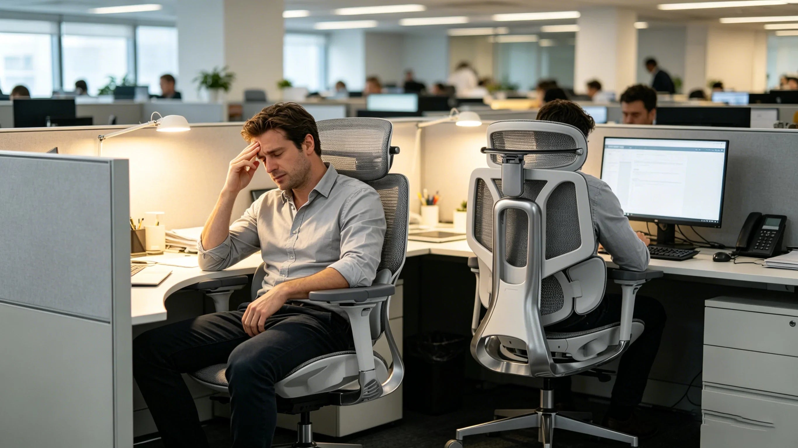 A professional European manager finding relief in a [**good chair for back pain in office**].