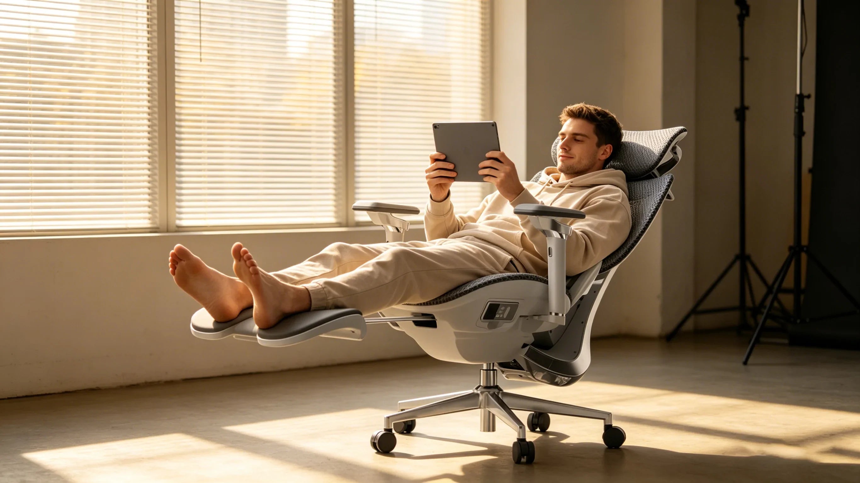 Alex demonstrating the comfortable recline and footrest on [good chairs for desk].