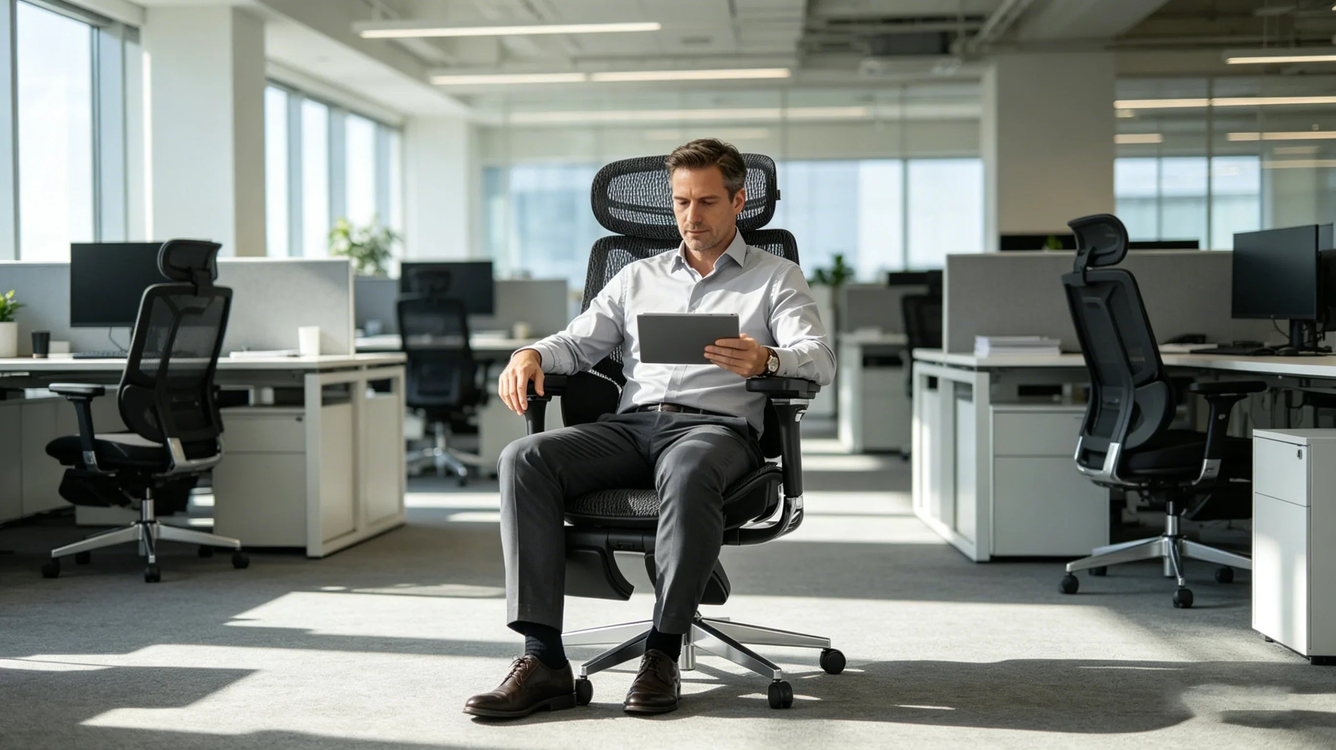 A professional European facility manager overseeing a workspace equipped with [**good chairs for office**].