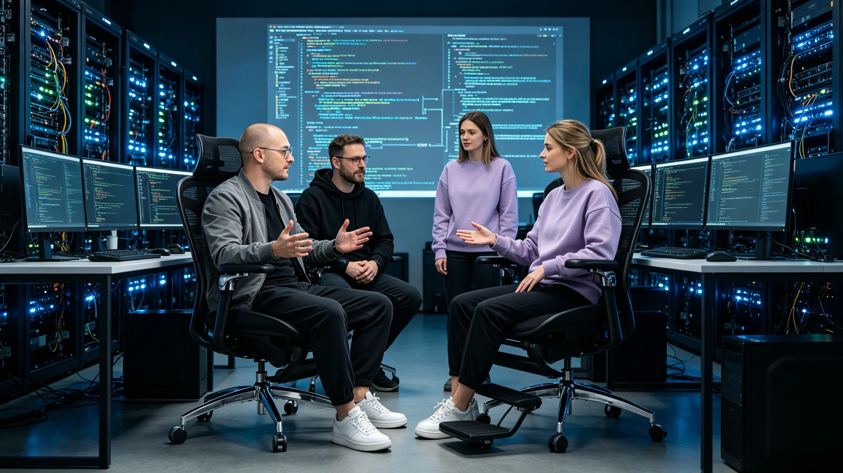 Full body view of a 41-year-old Caucasian male architect in a grey tech jacket sitting in the [good chairs for office].