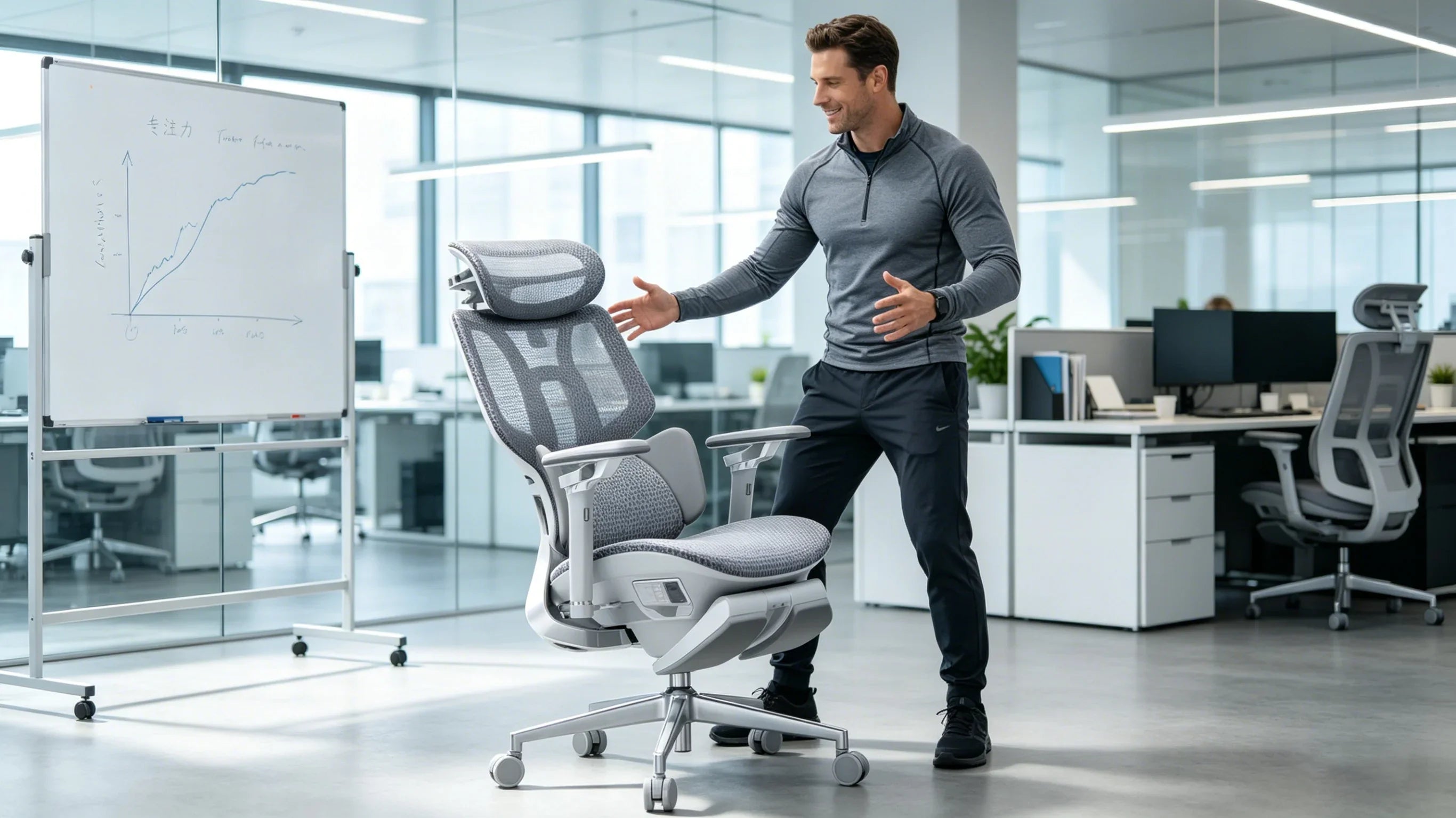 A European performance coach demonstrating the [**good ergonomic desk chair**] logic.
