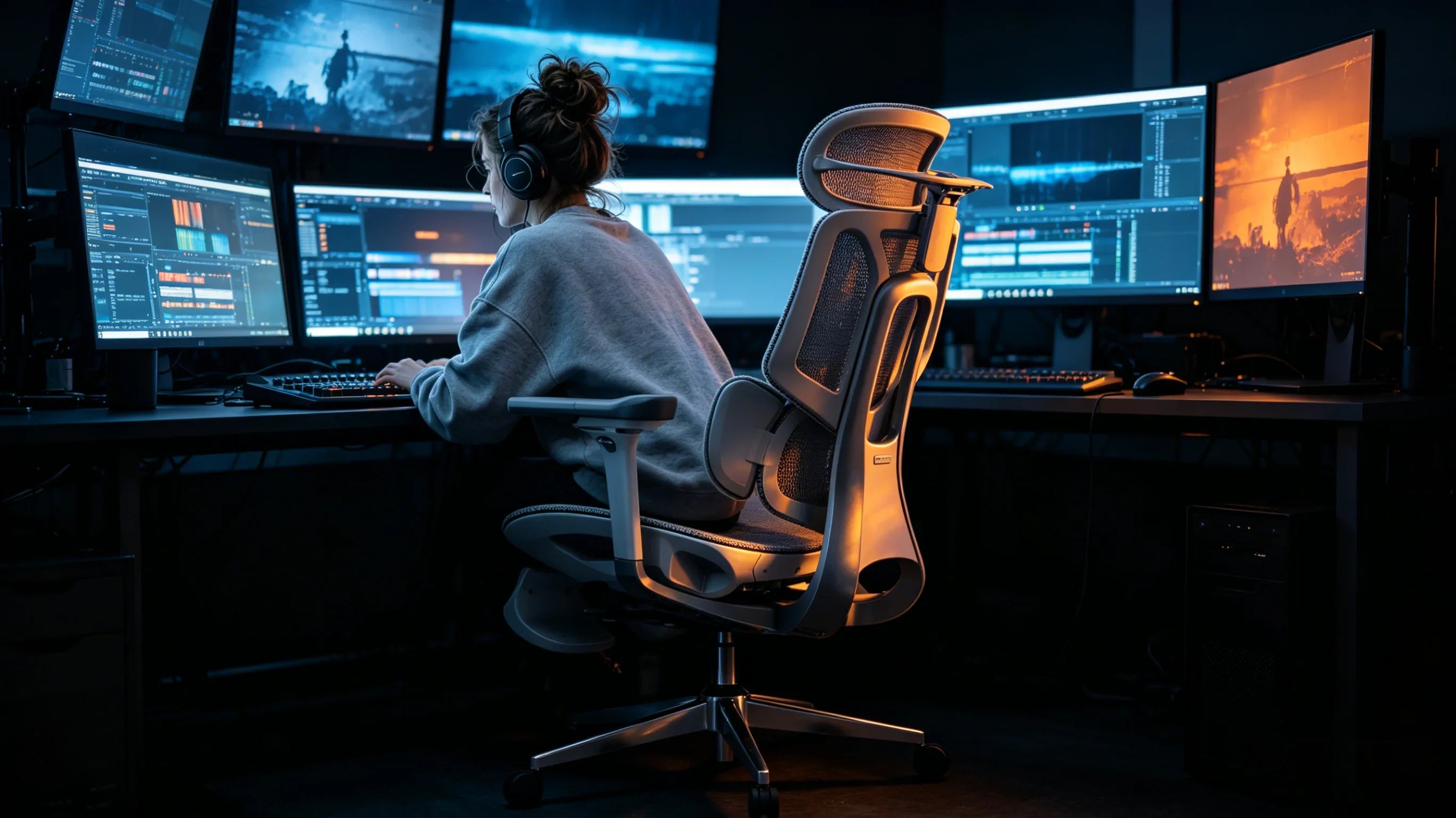 A professional European film editor using the [**good ergonomic desk chair**] during a high-pressure session.