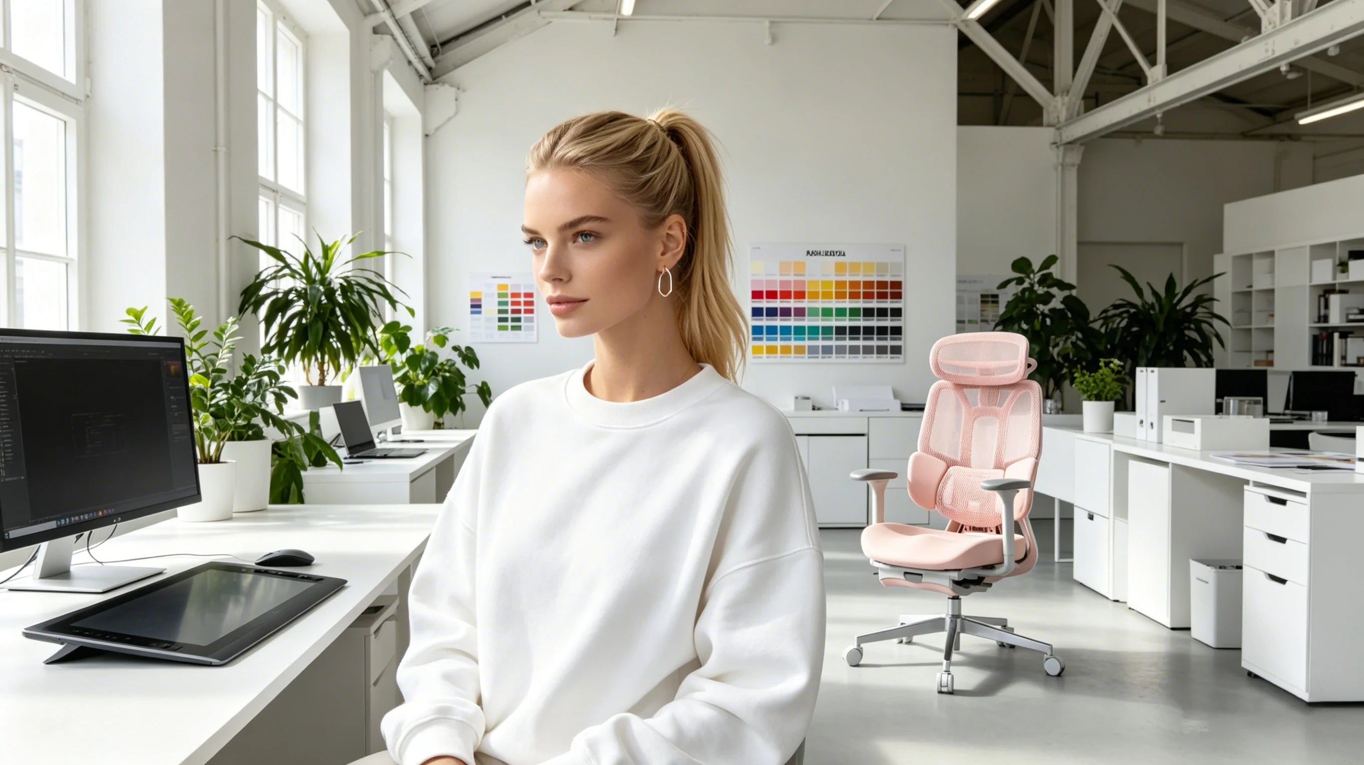 Leni working on a UI project in her Berlin studio with the [good ergonomic desk chair].