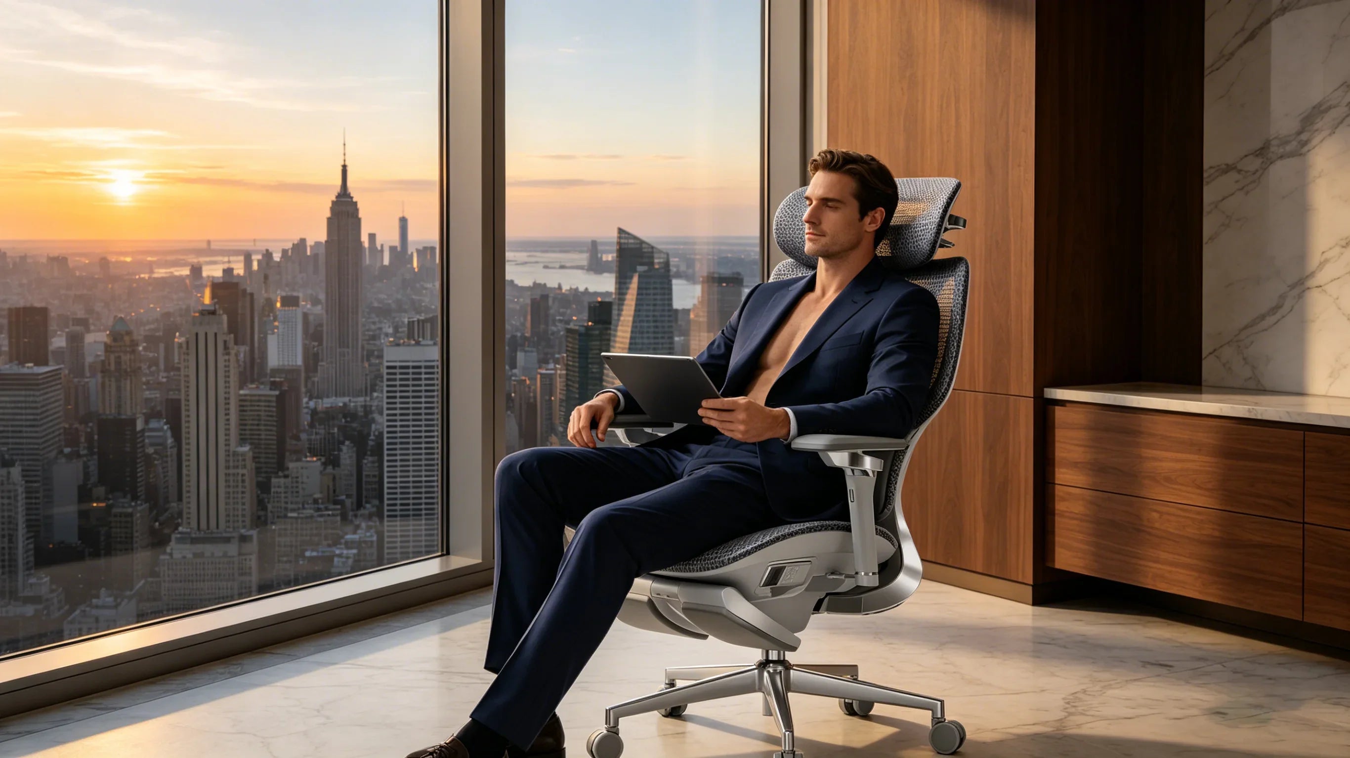 A senior European executive experiencing the AI-driven support of a [**good ergonomic office chair**].
