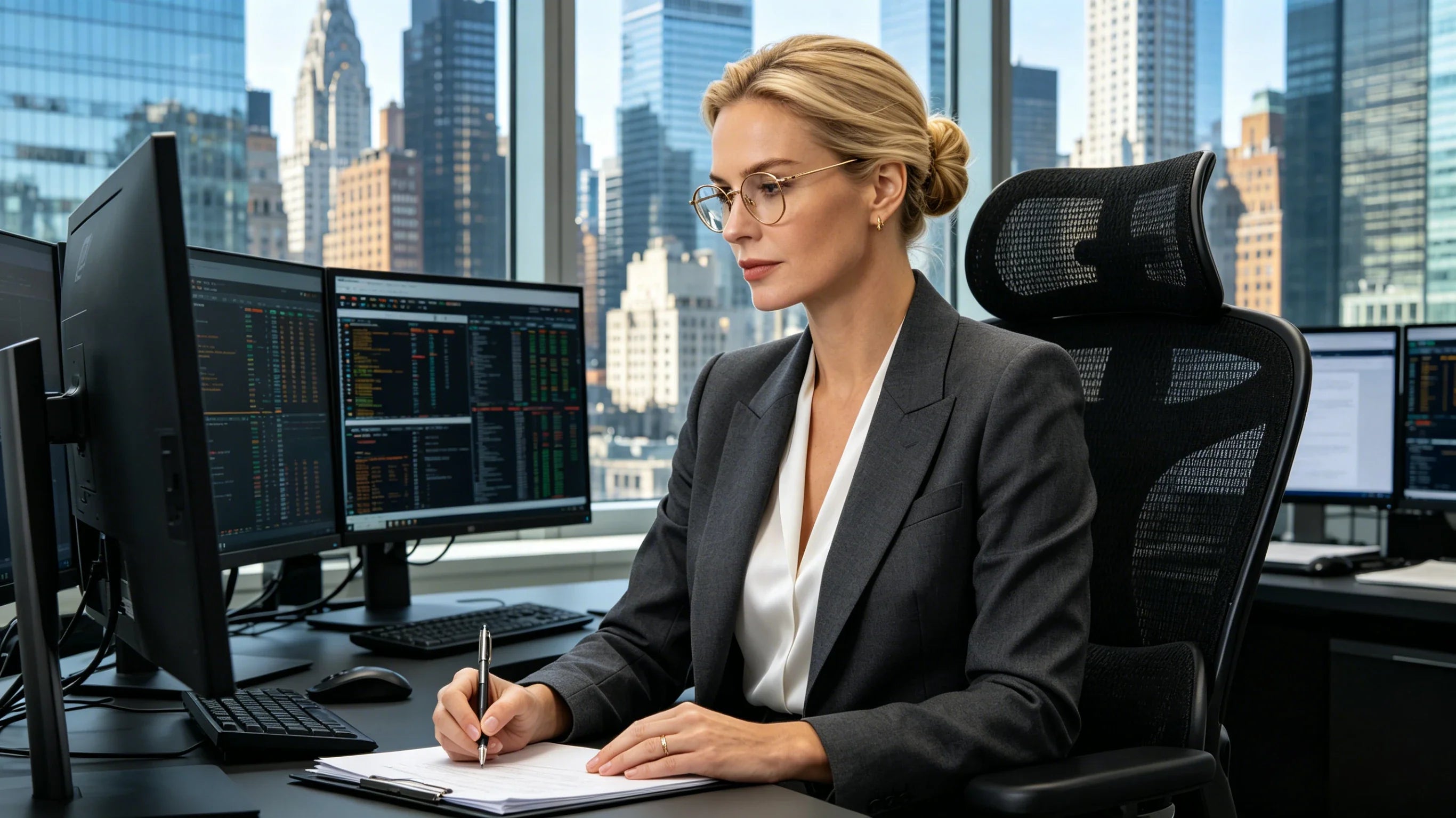 A 35-year-old female analyst with a sleek blonde bun and gold glasses sitting in a [good ergonomic office chair] in a Manhattan high-rise.