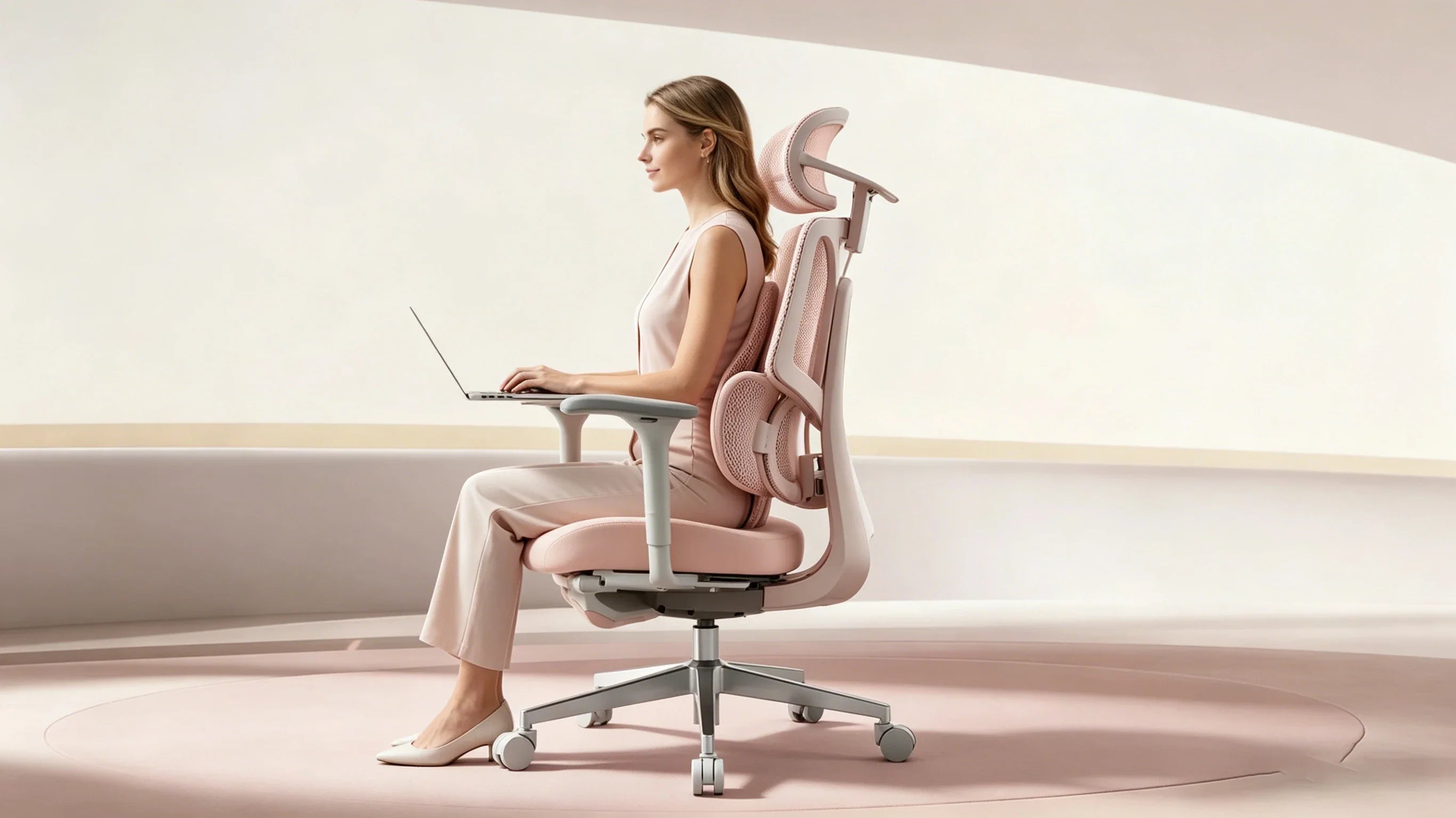 Isabella leading a meeting while seated in her [good ergonomic office chair].