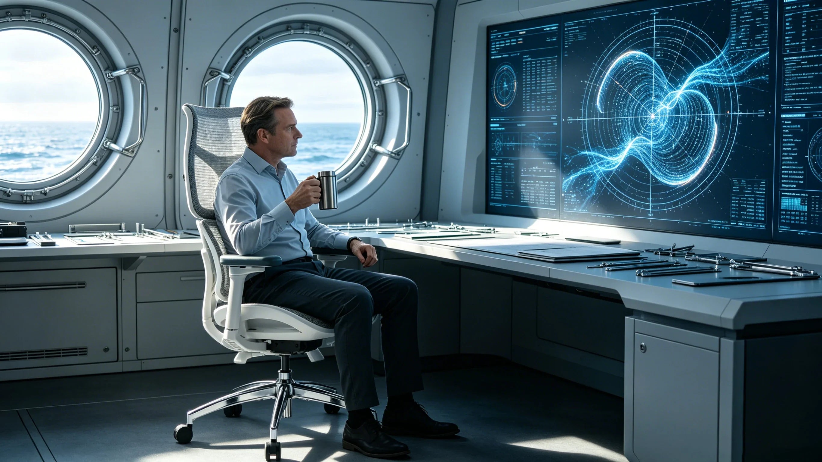 Full body shot of Dr. Alistair Vance sitting deeply in the [good gaming chairs] inside a deep-sea maritime control console room, total figure visible.