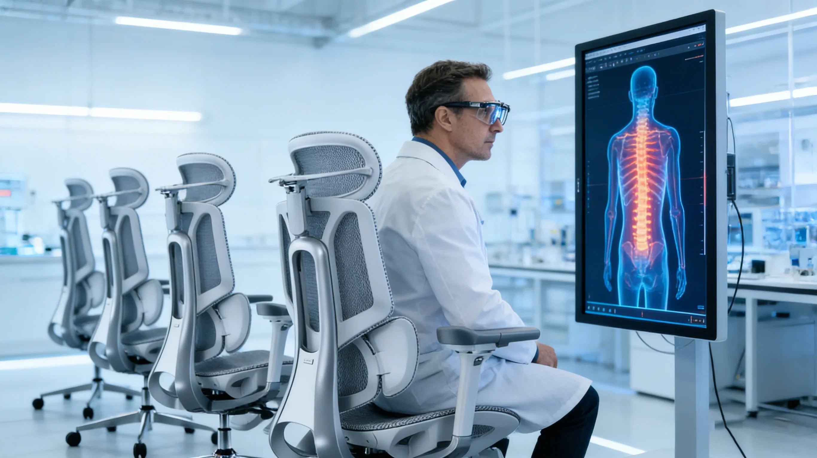 A European scientist testing [**great ergonomic office chairs**] in a lab.