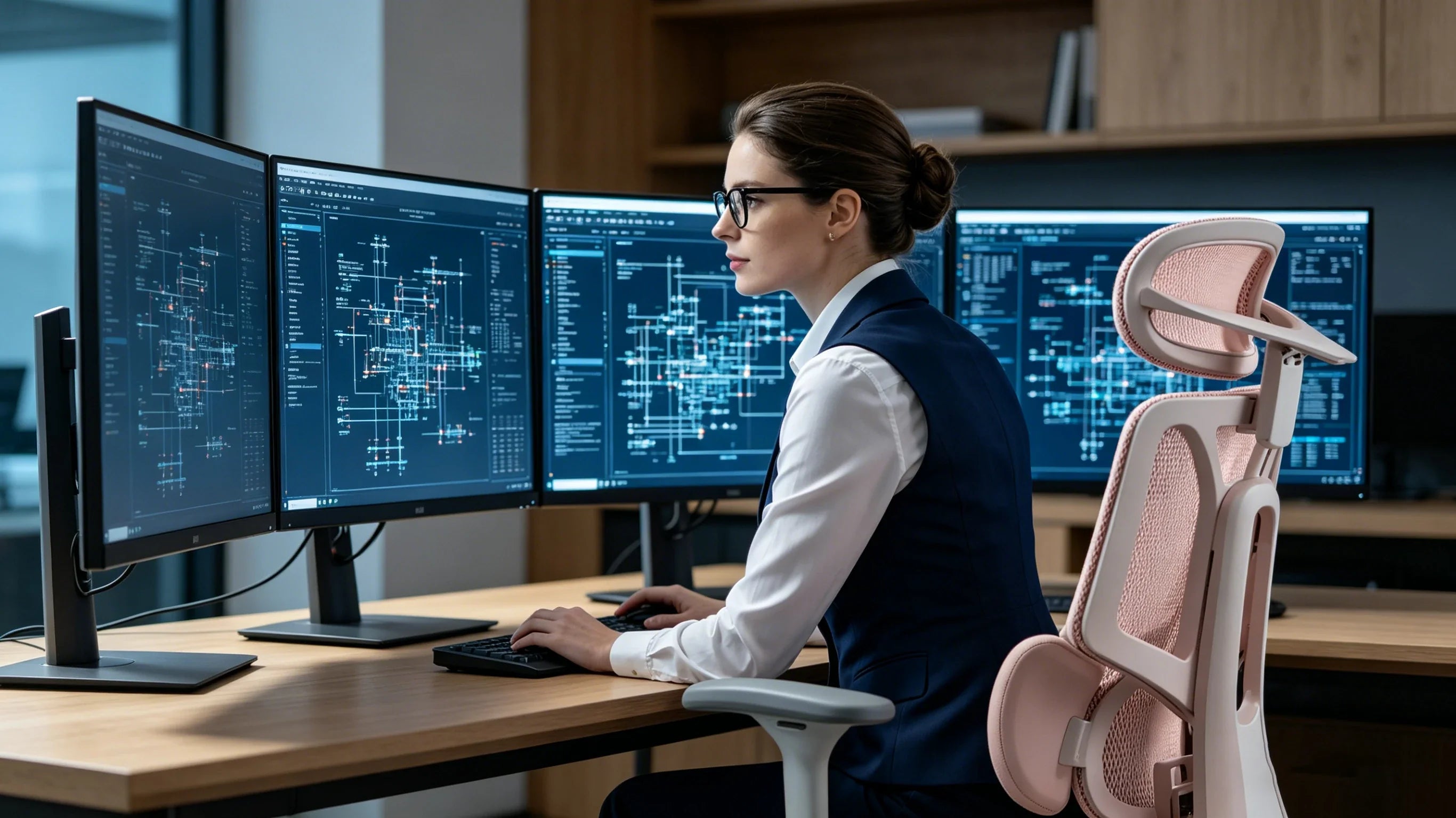 Elena coding on triple monitors while seated in the pink [great ergonomic office chairs].
