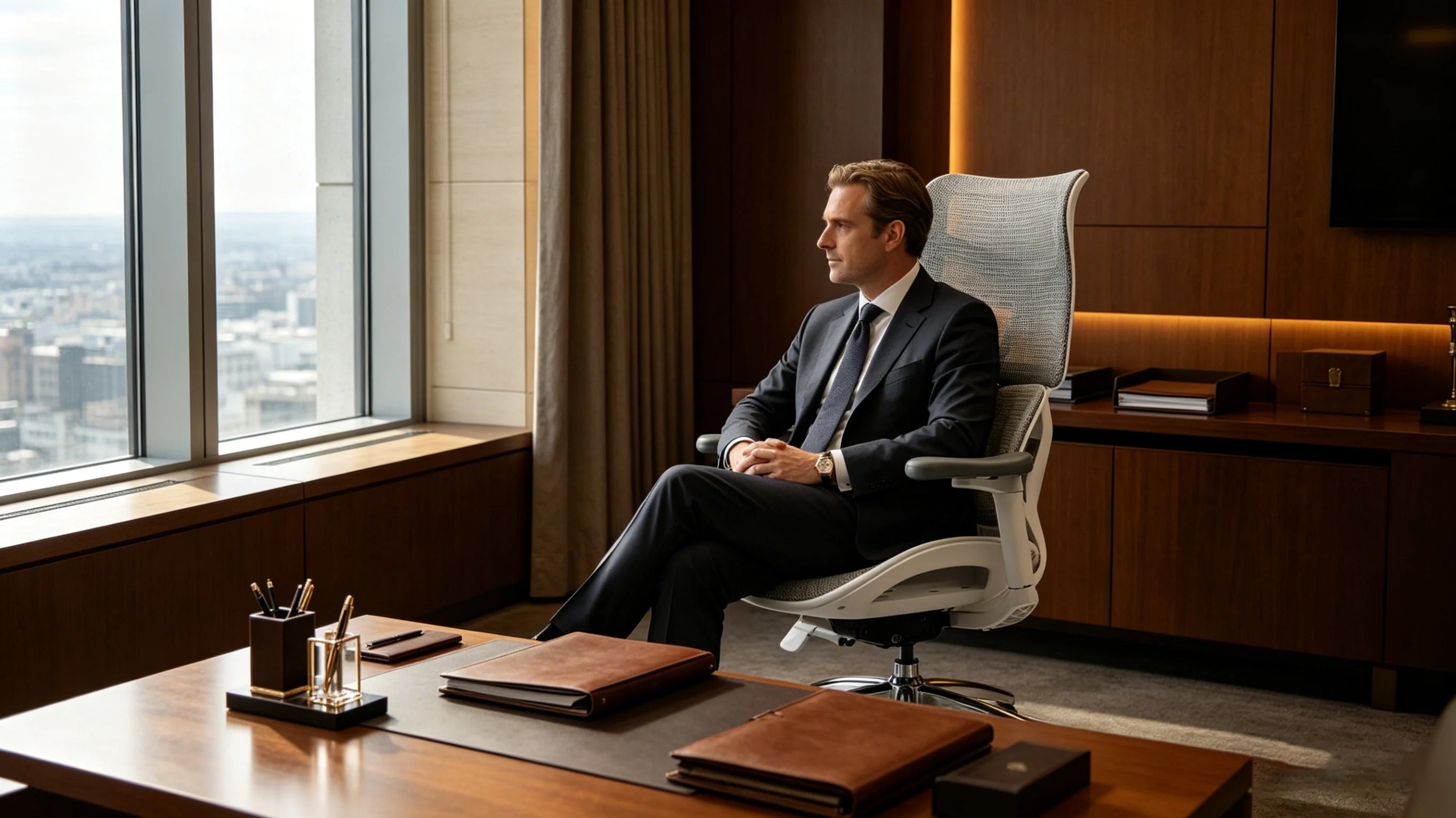 A banker utilizing the 3D headrest on the ergonomic office chair for neck relief during market analysis.