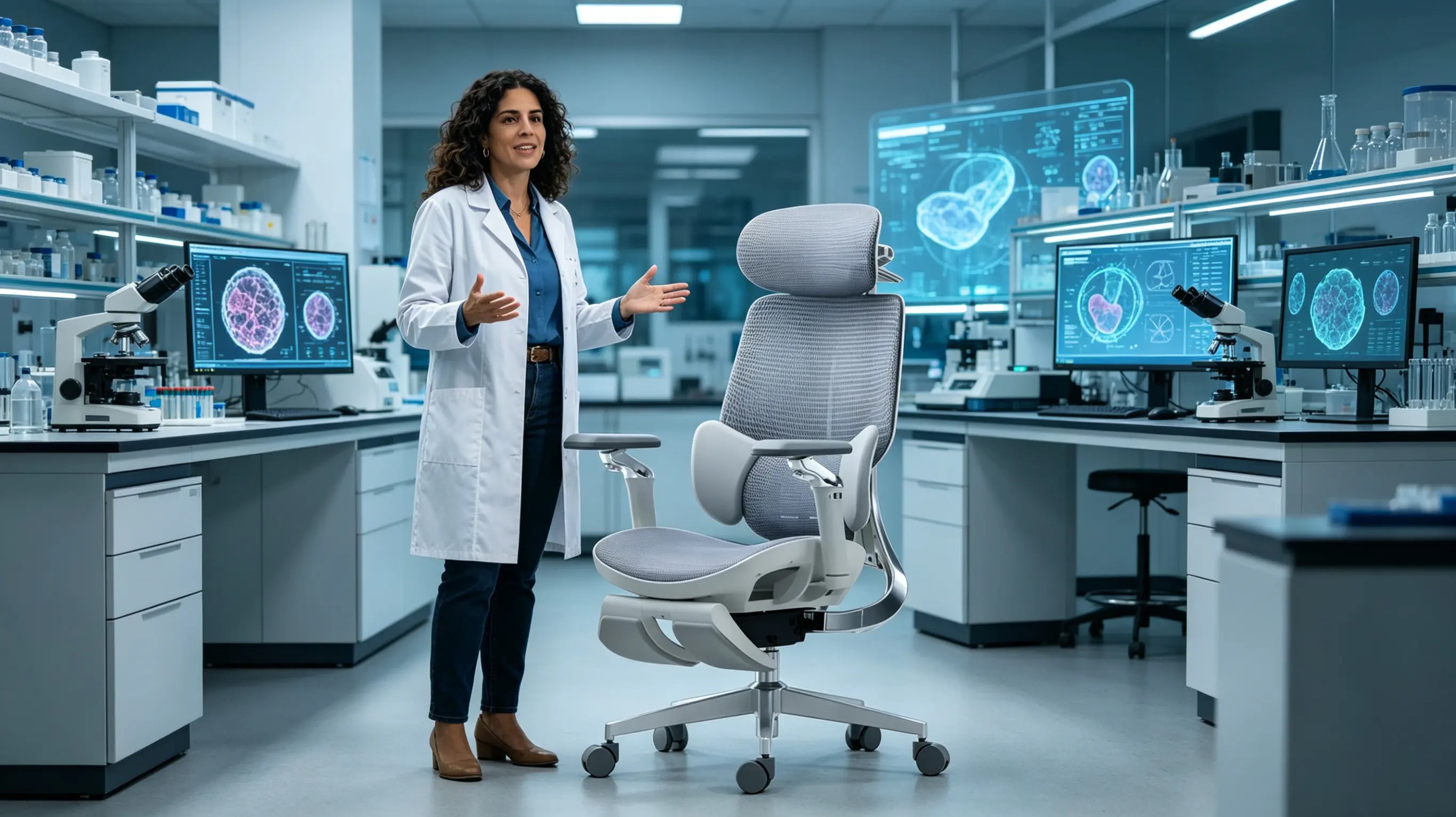 Doña Elena, una experta en patología digital de 39 años, analizando muestras celulares en su ergonomic office chair Ergo Select en Madrid.