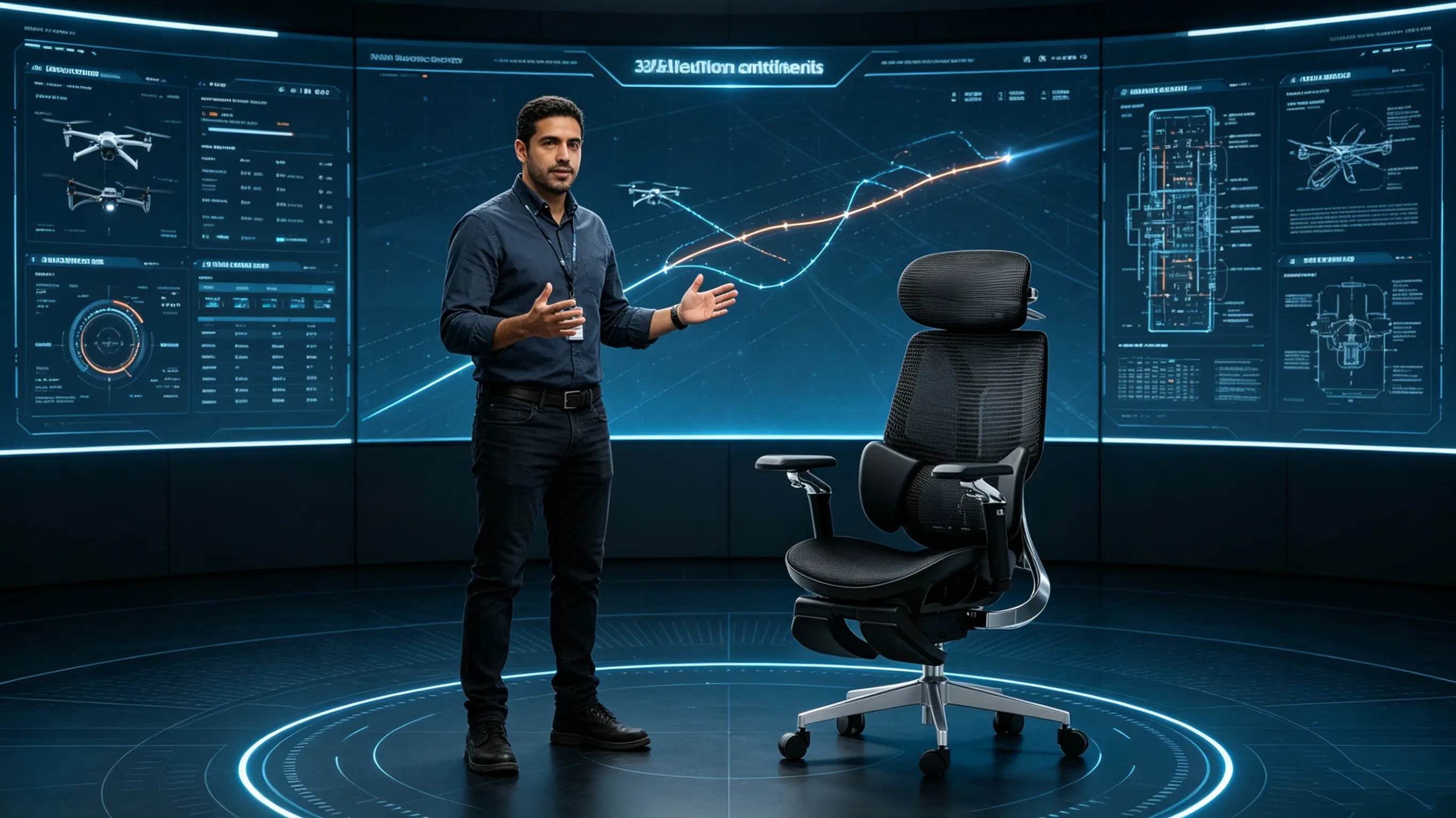 Don Álvaro, un ingeniero de sistemas aeronáuticos de 33 años, analizando rutas de vuelo sentado en su ergonomic office chair Ergo Select en Madrid.