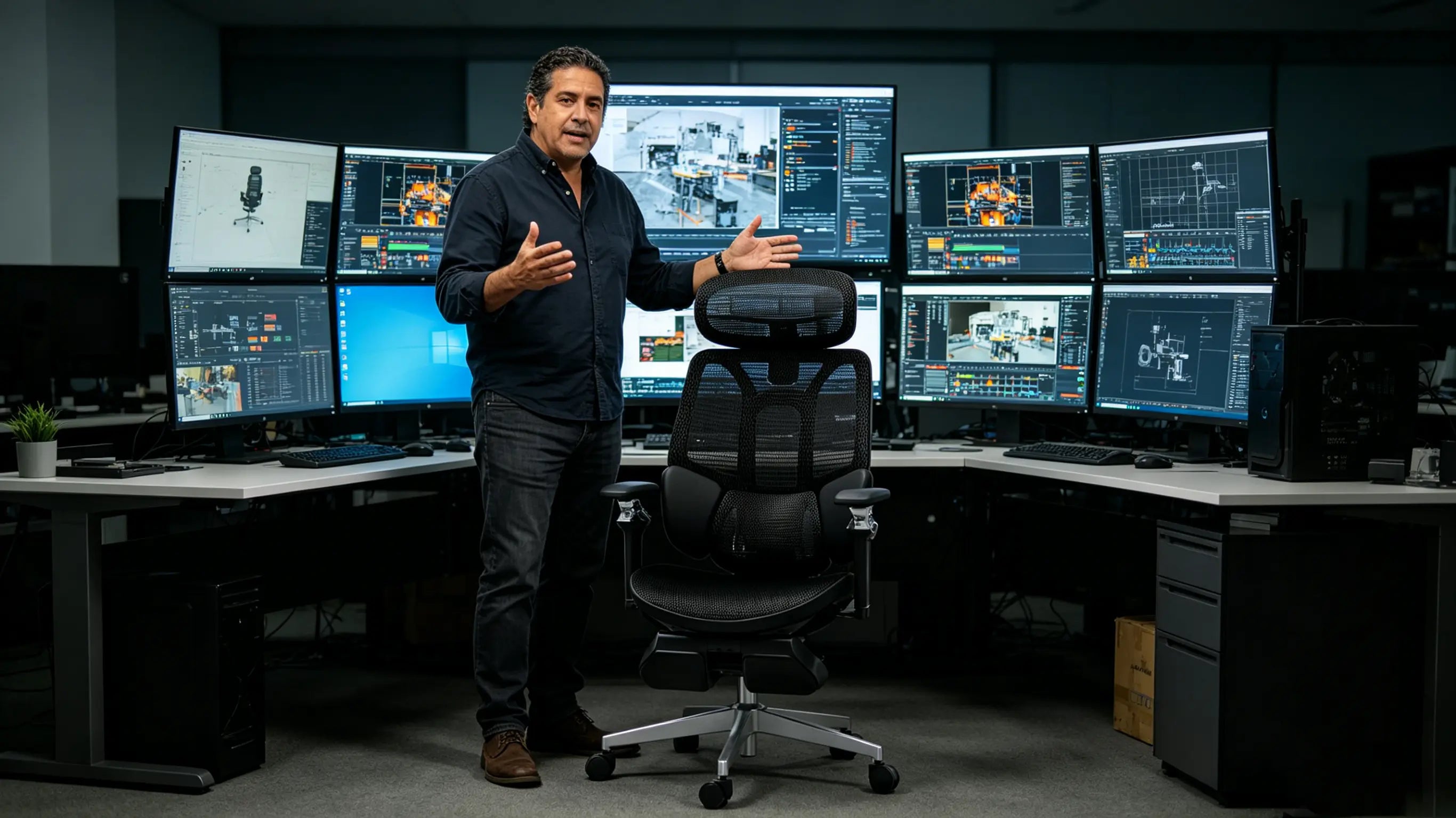 Don Jordi, un diseñador interactivo de 34 años, programando entornos visuales sentado en su ergonomic office chair Ergo Select en Barcelona.