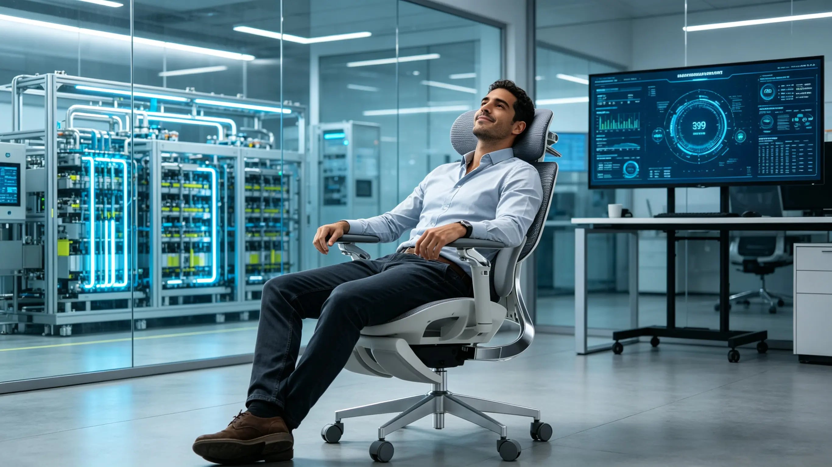 Don Rodrigo, un ingeniero de sistemas de hidrógeno de 39 años, optimizando procesos de electrolización sentado en su silla ergonómica Ergo Select en Madrid.