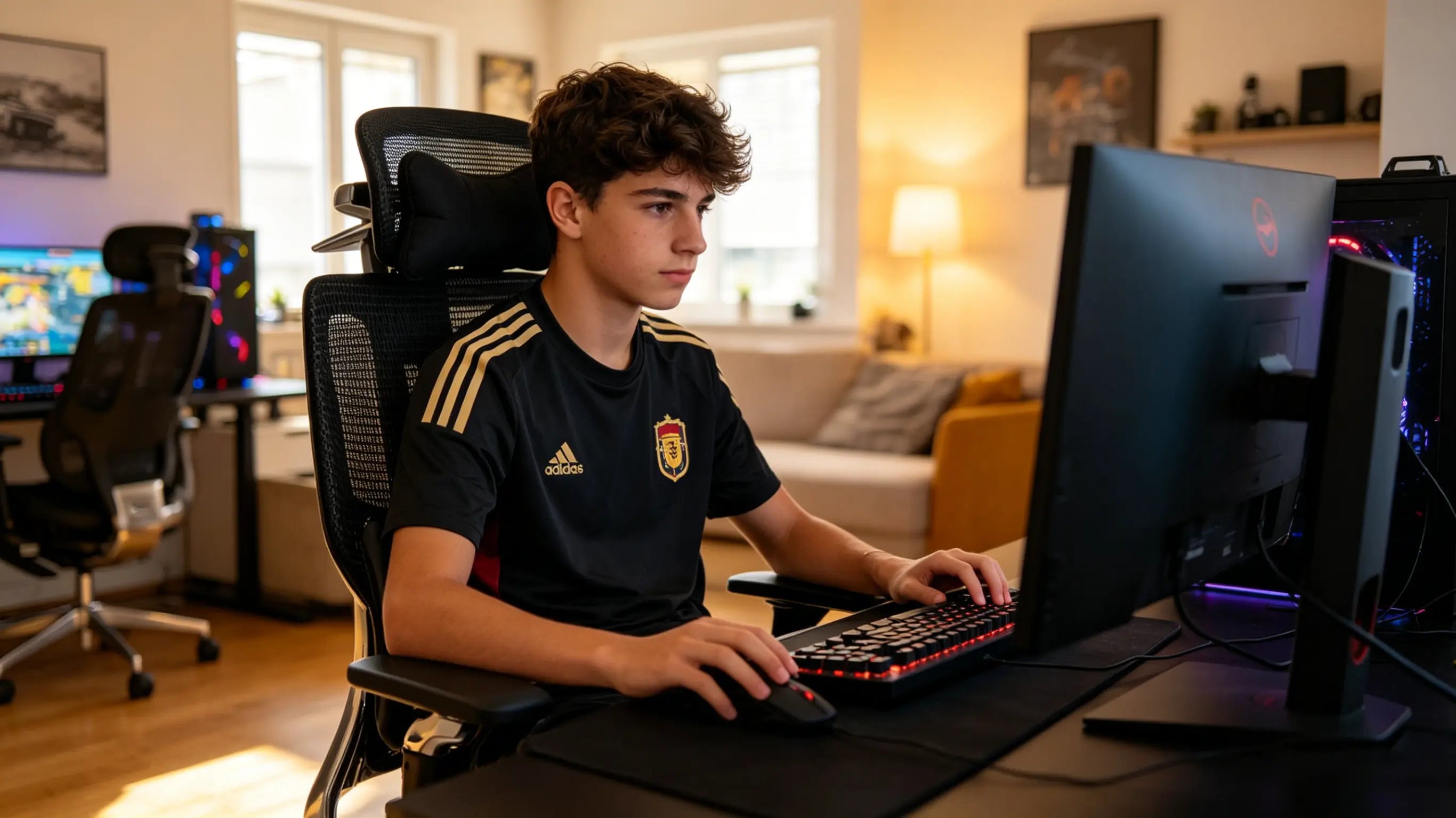 Marc, jugador de eSports de 16 años, entrenando sentado en su ergonomic mesh chair Ergo Select con soporte lumbar ajustable en Barcelona.