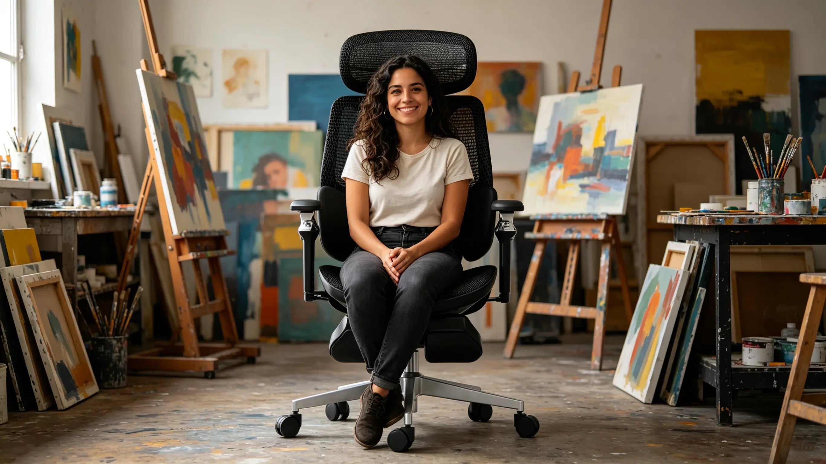 Lucía, una concept artist de 36 años, pintando paisajes digitales sentada en su silla oficina Ergo Select en Barcelona.