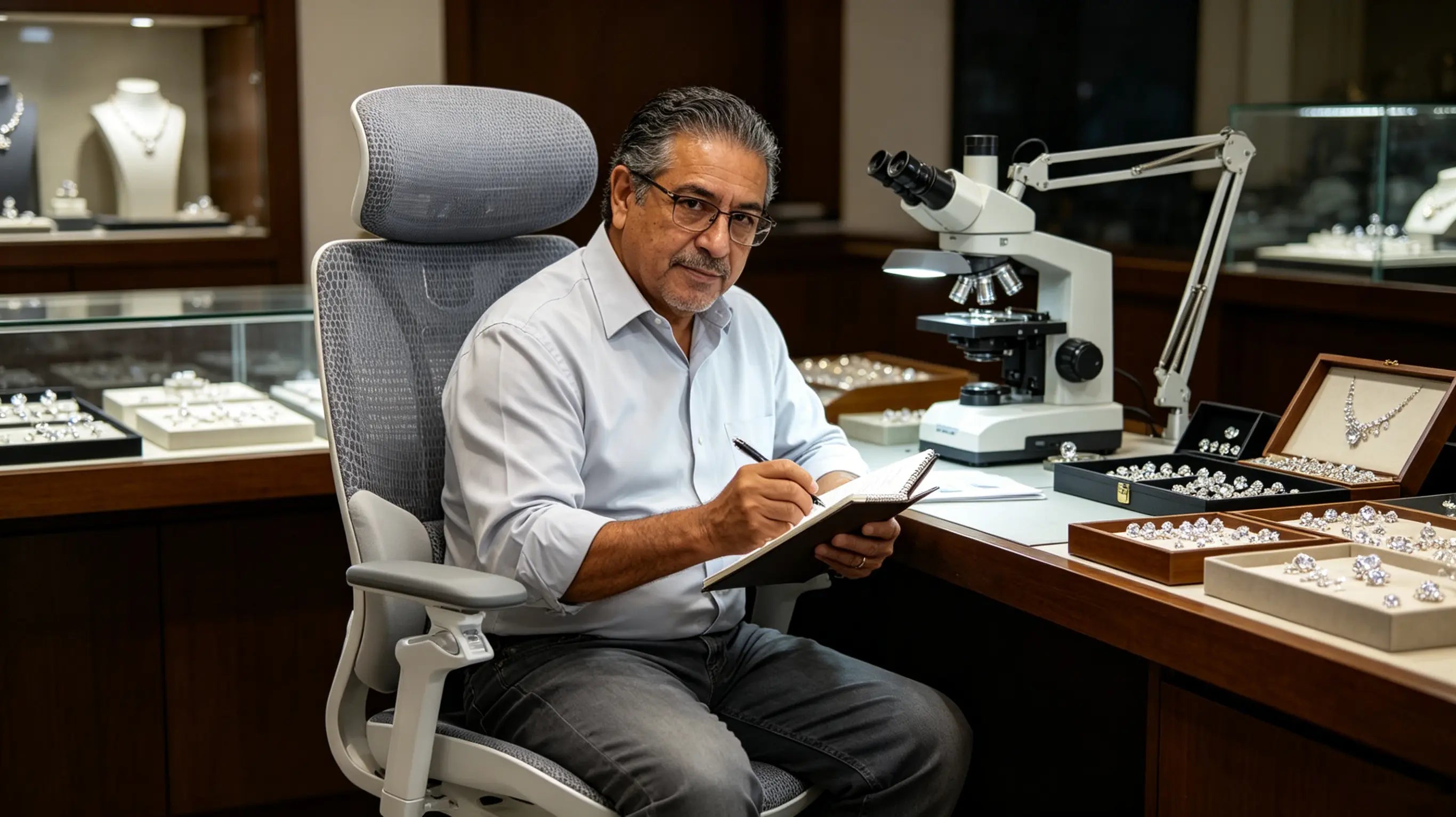 Reposacabezas ajustable de la mejor ergonomic office chair para reducir la tensión cervical durante el uso de microscopios gemológicos.