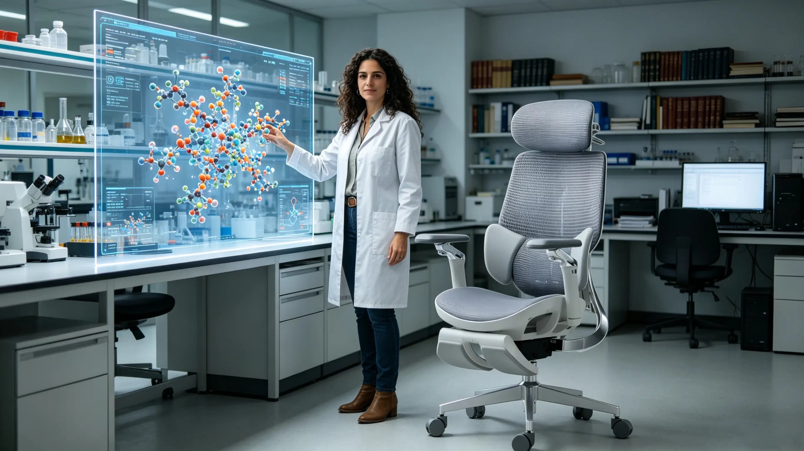 Doña Elena, una científica biotecnológica de 34 años, analizando proteínas en su ergonomic office chair Ergo Select en Barcelona.