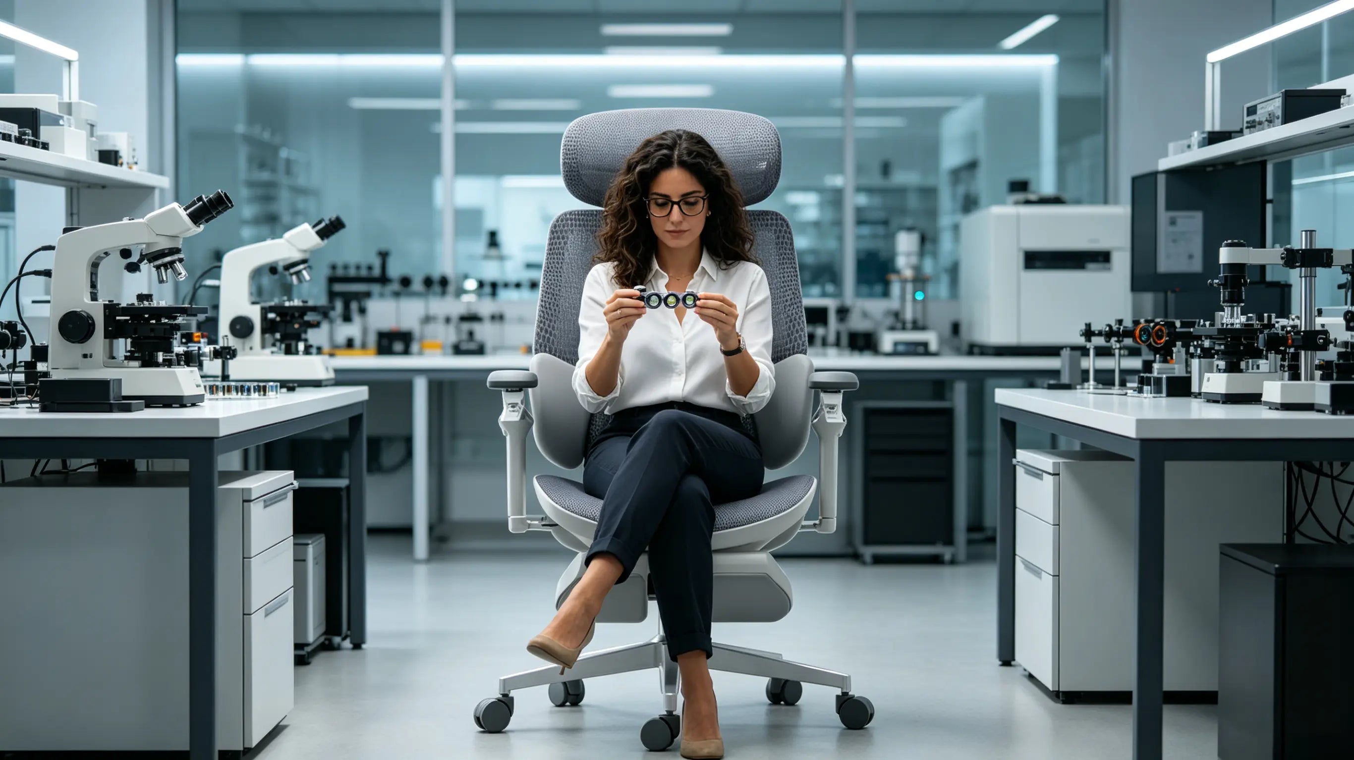 Doña Lucía, una ingeniera óptica de 33 años, analizando trayectorias de luz sentada en su ergonomic office chair Ergo Select en Madrid.