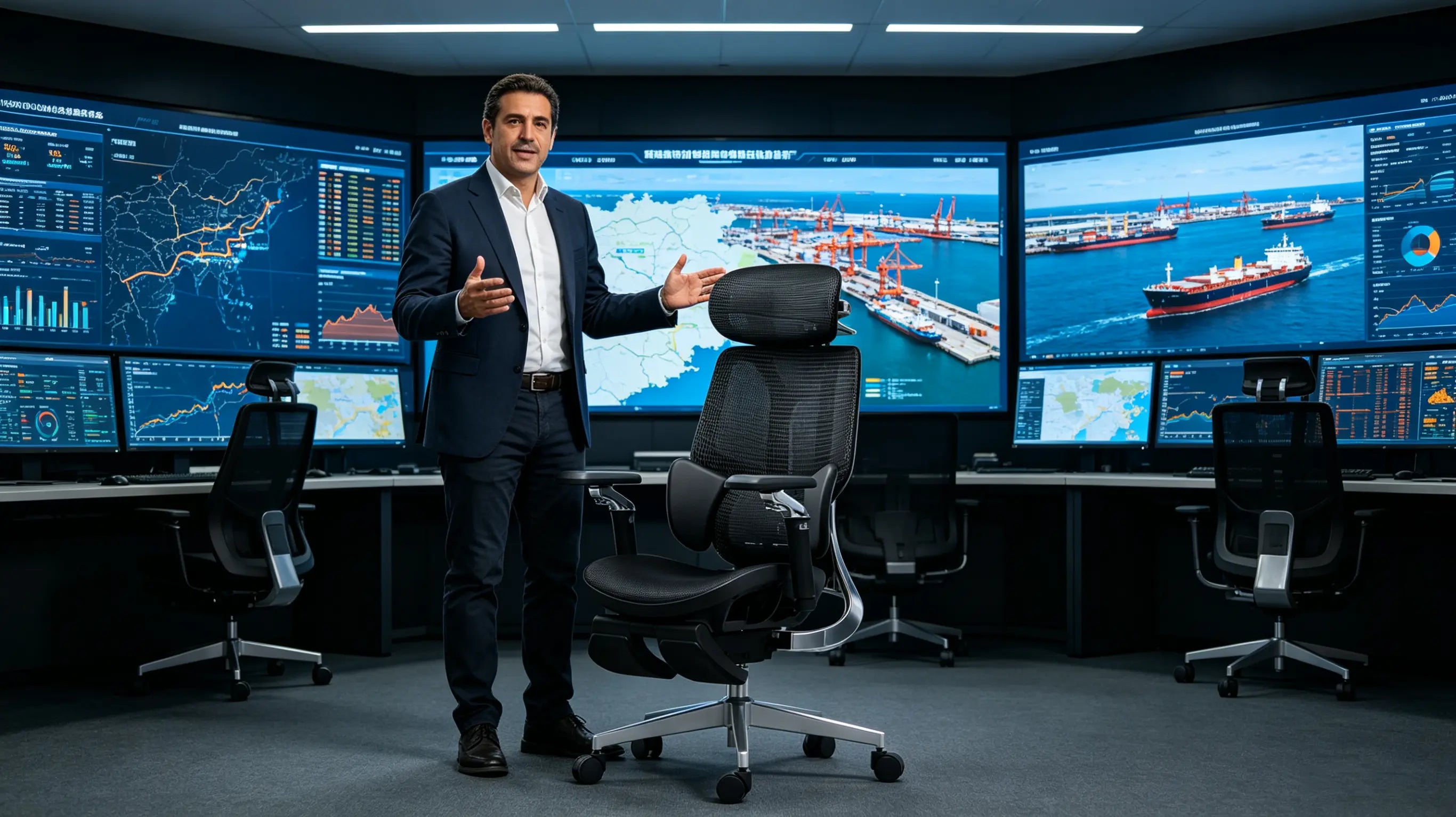 Don Javier, un experto en logística portuaria de 46 años, monitorizando el tráfico marítimo en su ergonomic office chair Ergo Select en Valencia.
