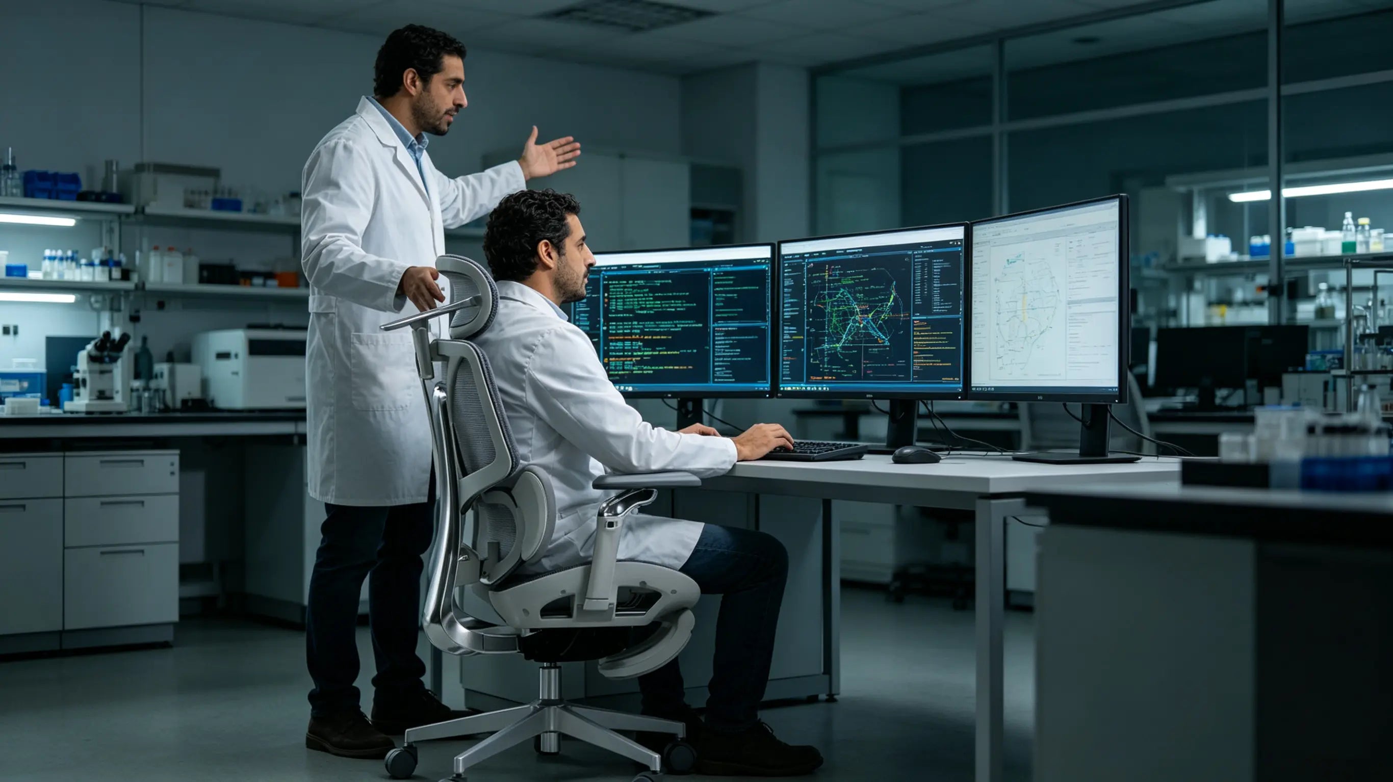 Don Mateo, investigador de bioinformática de 37 años, analizando secuencias genéticas sentado en su ergonomic office chair Ergo Select en Madrid.