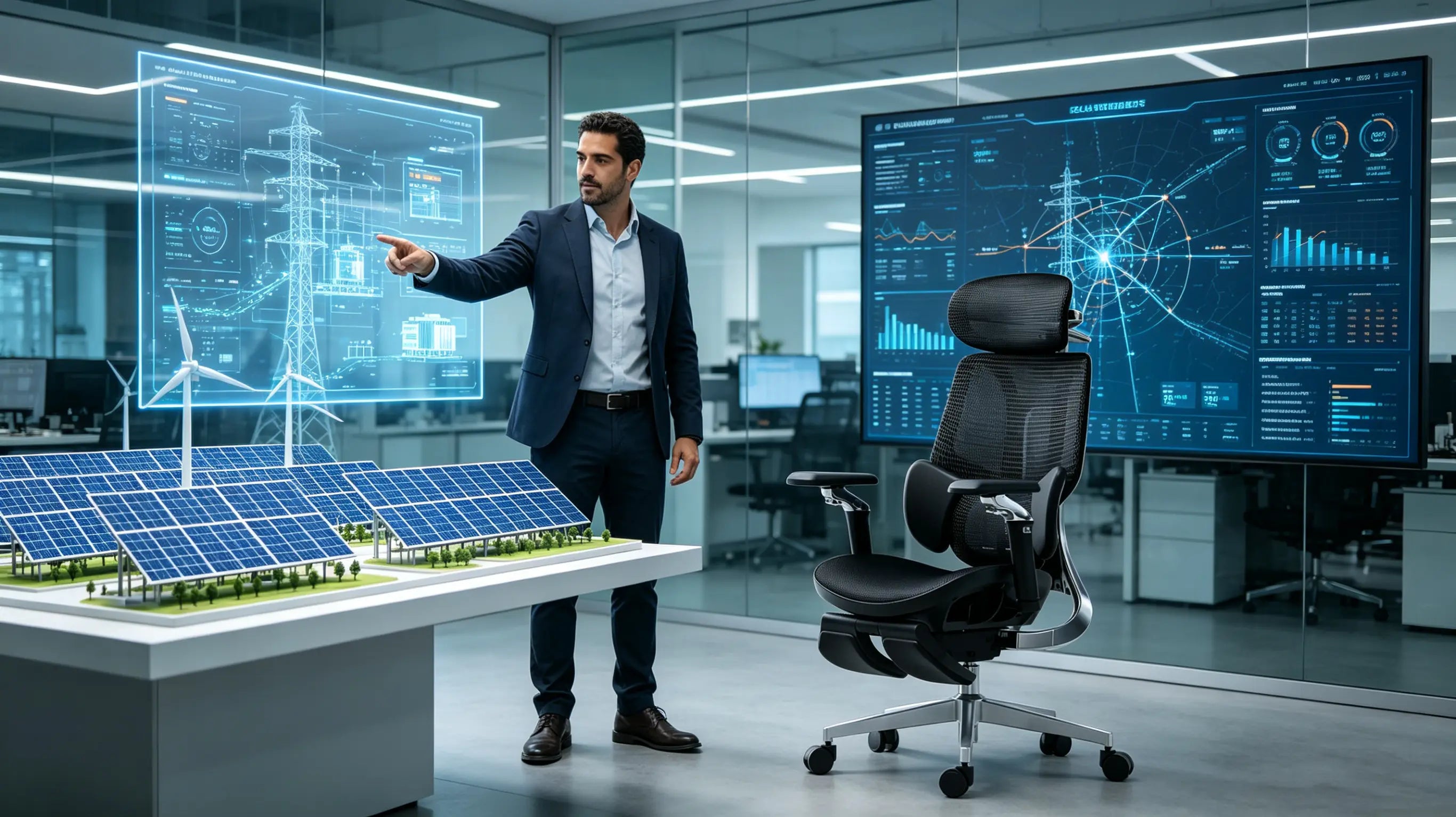 Don Diego, un analista de energía solar de 36 años, optimizando redes eléctricas en su silla oficina Ergo Select en Madrid.