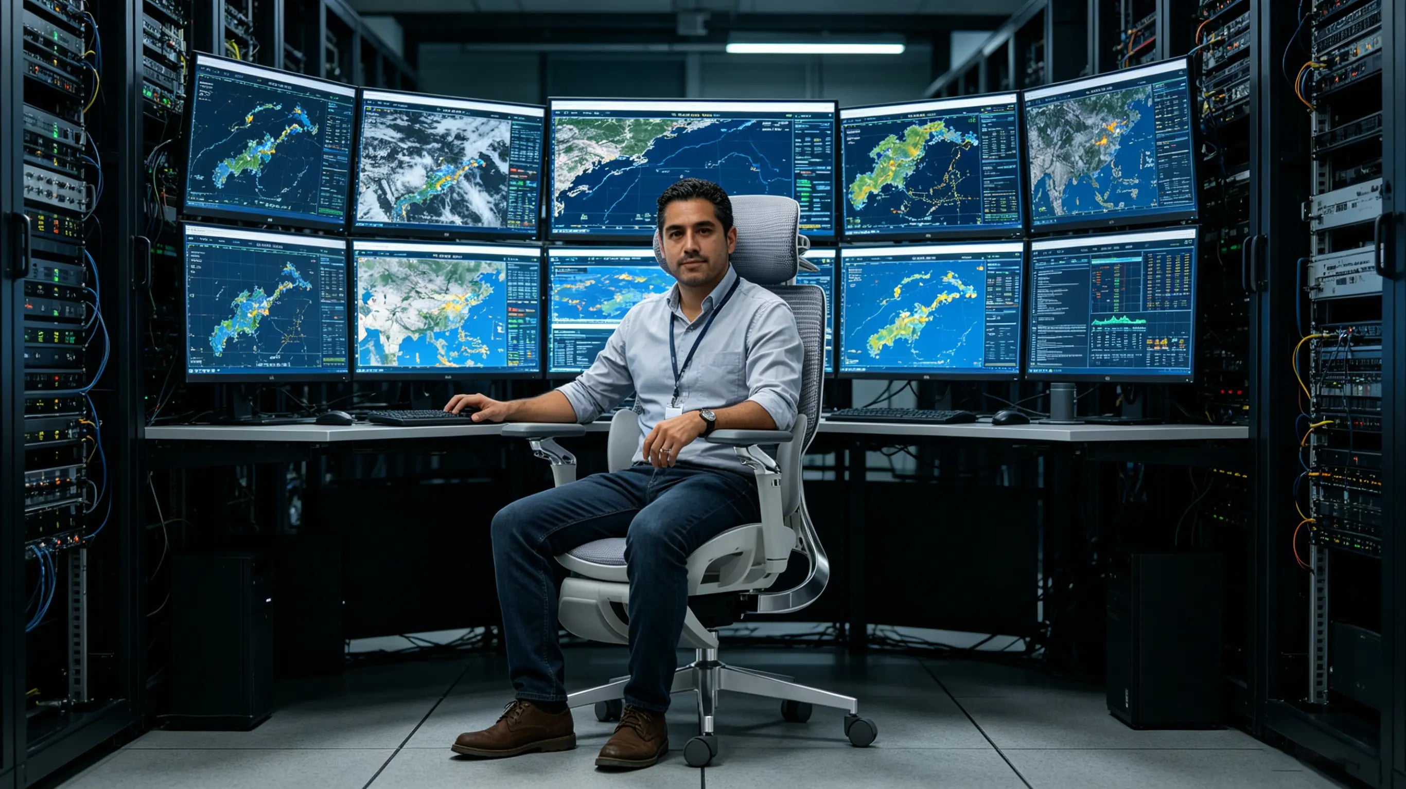 Don Roberto, un analista de predicción numérica de 37 años, procesando modelos atmosféricos sentado en su silla ergonómica Ergo Select en Madrid.