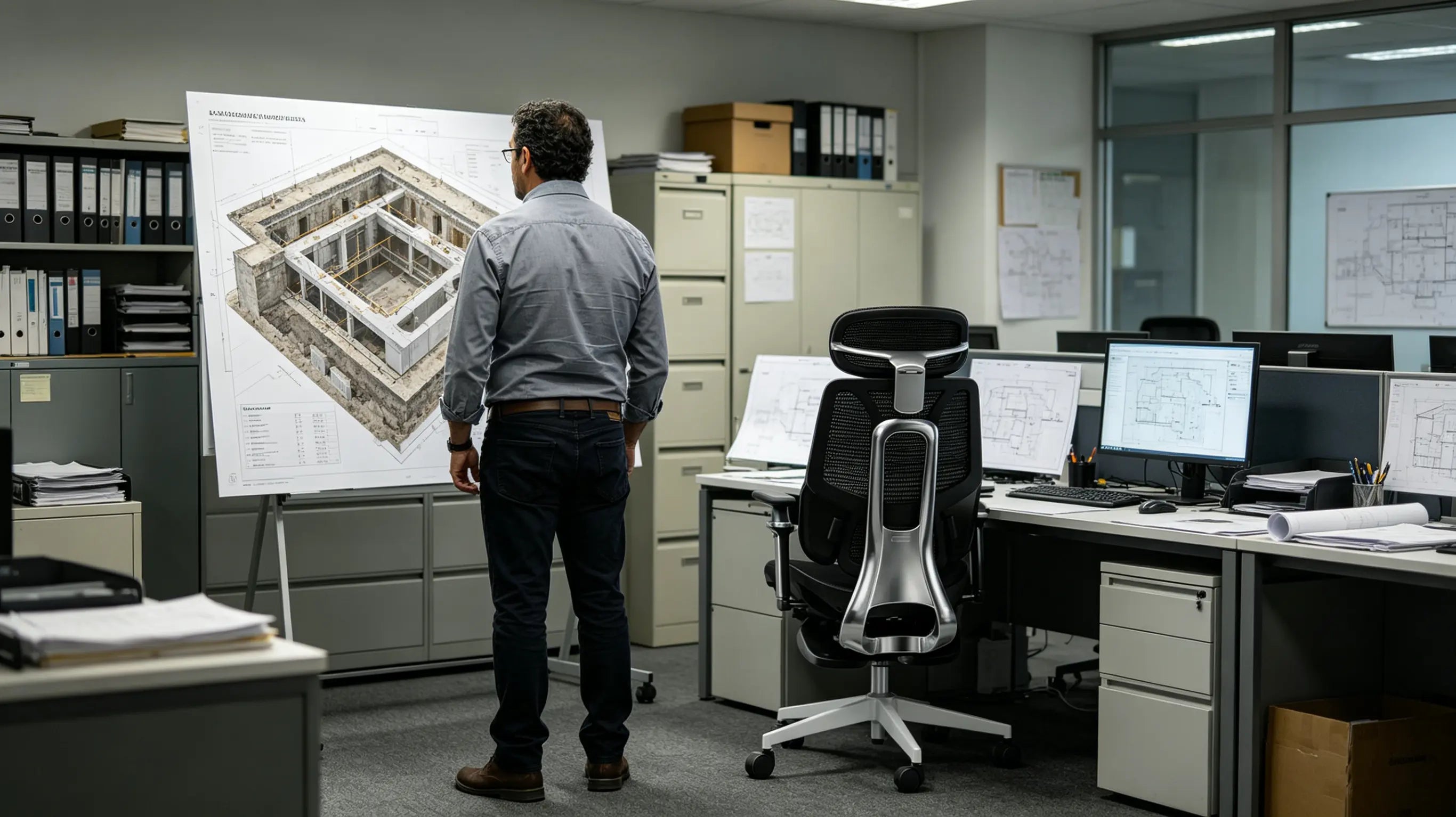 Don Javier, un experto en ingeniería de túneles de 43 años, monitorizando excavaciones sentado en su silla oficina Ergo Select en Madrid.