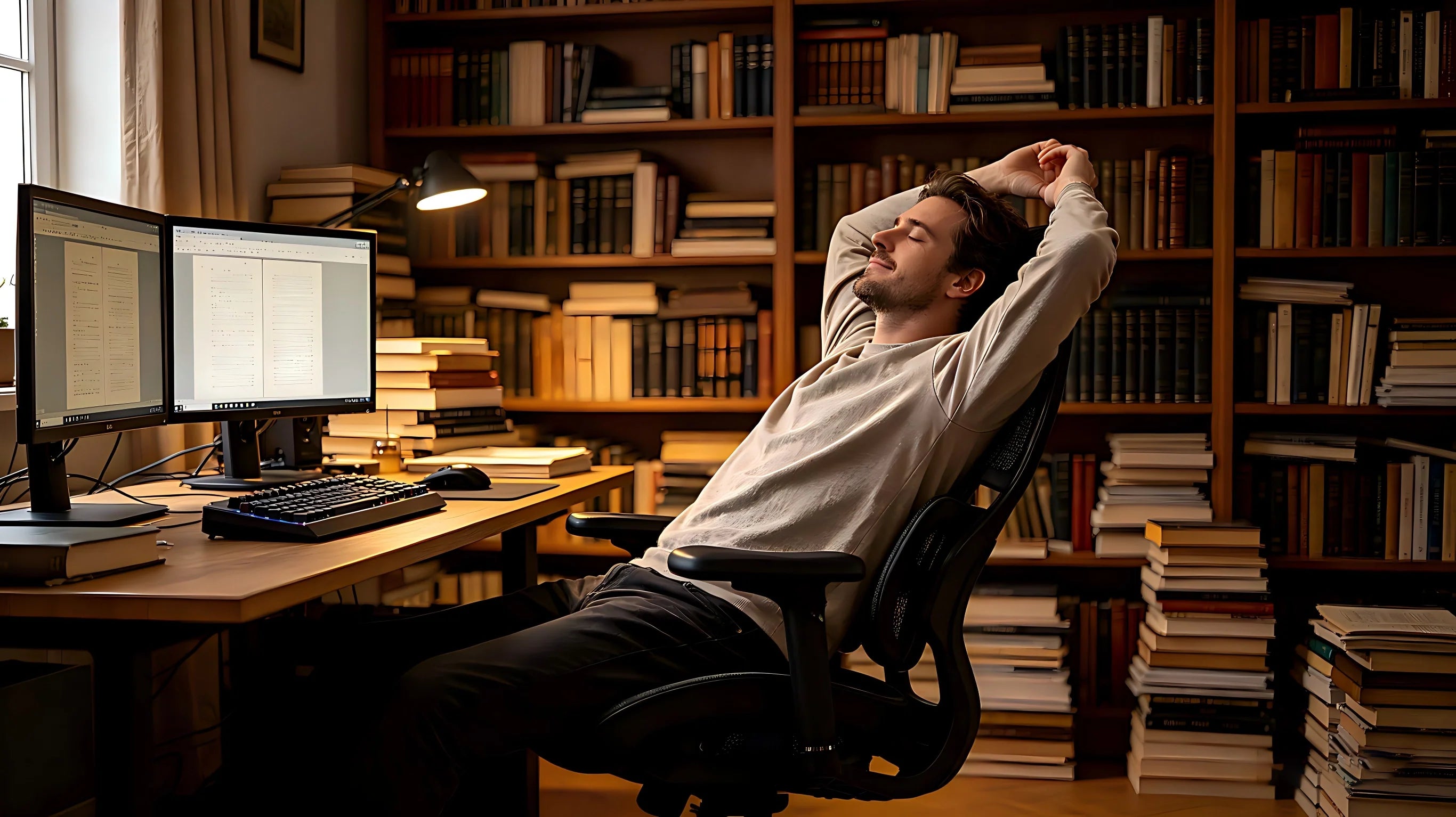 A writer utilizing the 3D headrest on the ergonomic office chair for neck support during a creative break.
