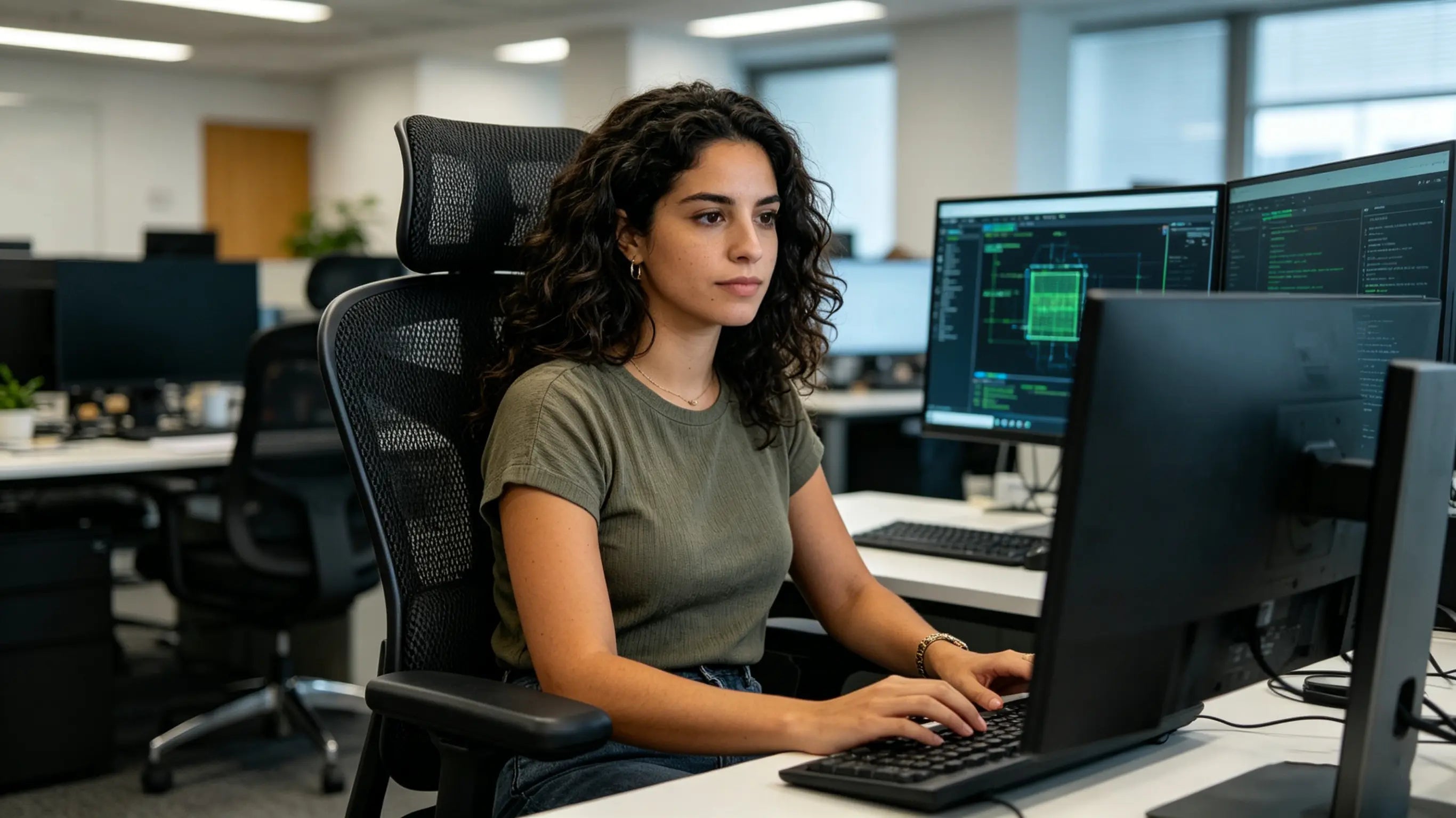 Emma conducting adversarial testing on AI models while sitting on her High Back Ergonomic Mesh Task Chair in a London tech hub.