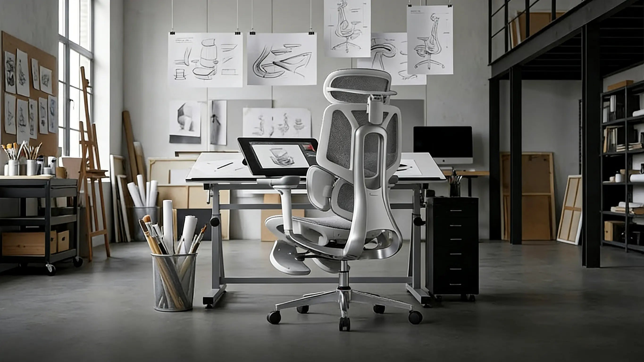 Height-adjustable ergometric office chair with a sleek frame for a productive workspace.