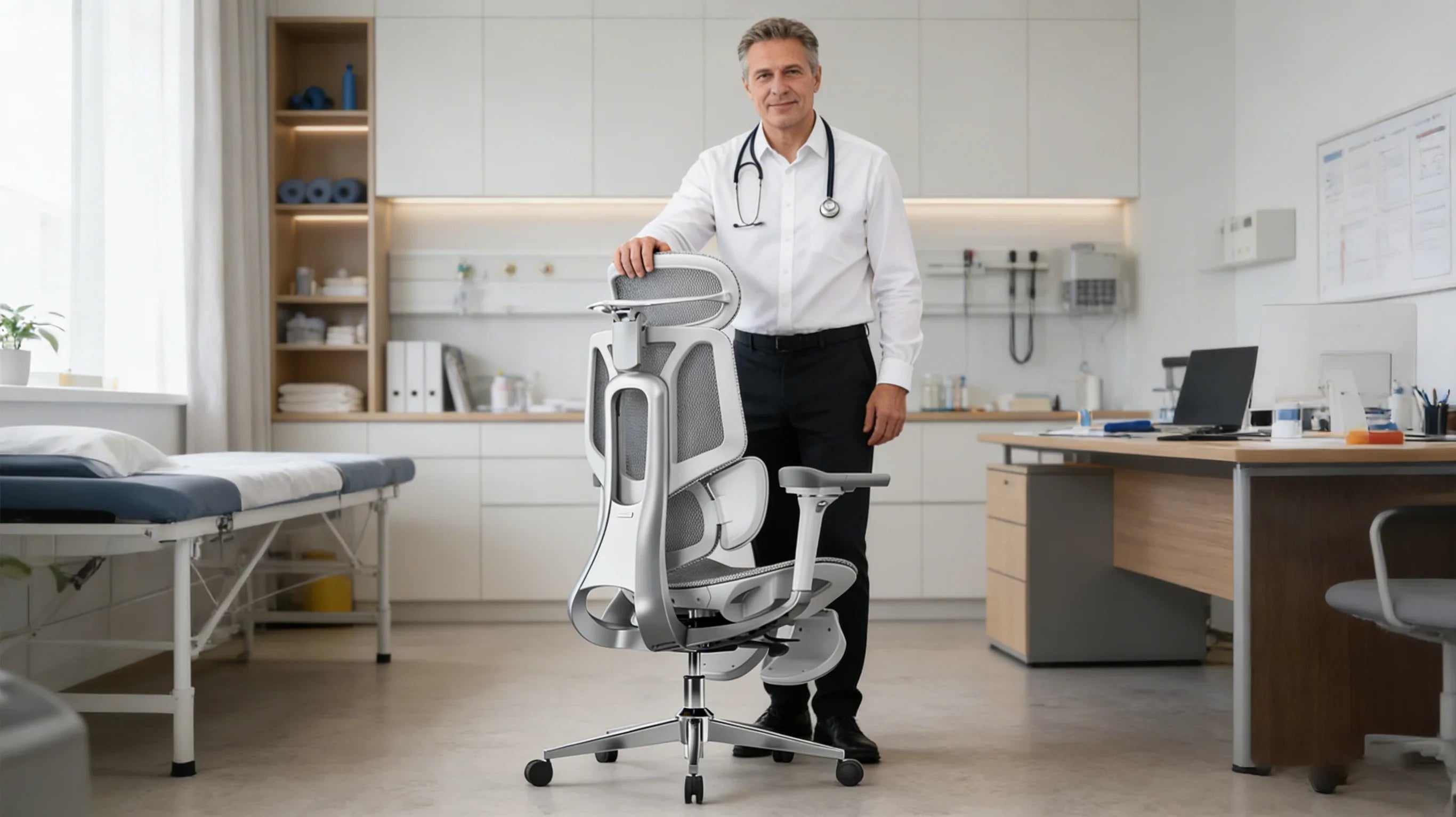 A European physical therapist calibrating a [**height adjustable office chair**].
